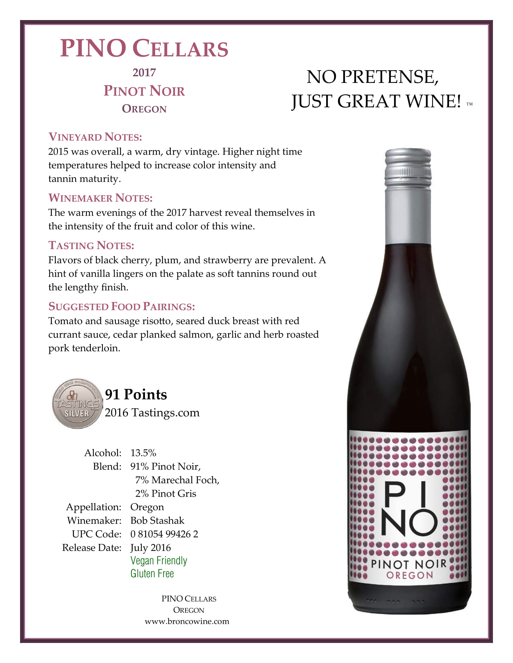 PINO Cellars wine brand Pinot Noir tech sheet sample