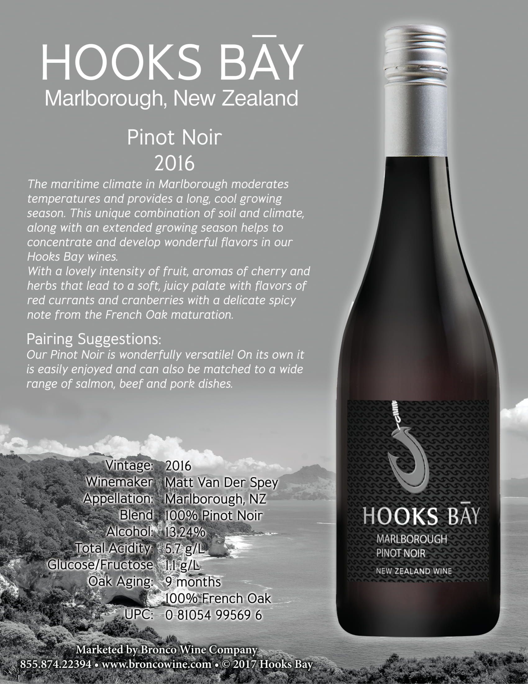 Hooks Bay wine brand Pinot Noir tech sheet sample