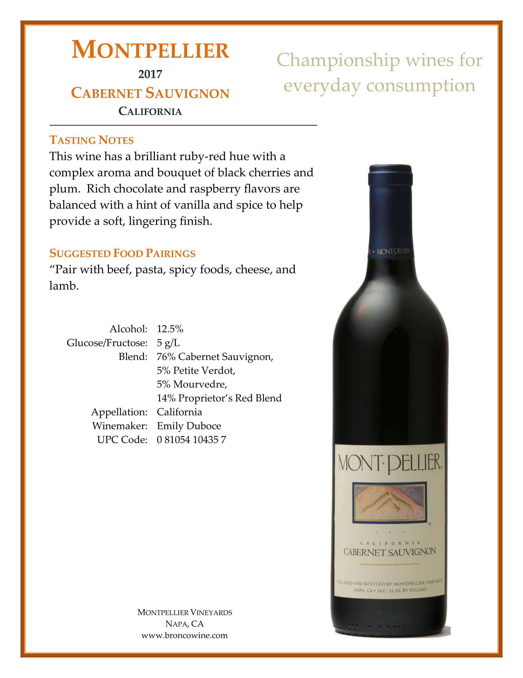 Montpellier Cabernet Sauvignon wine tech sheet sample
