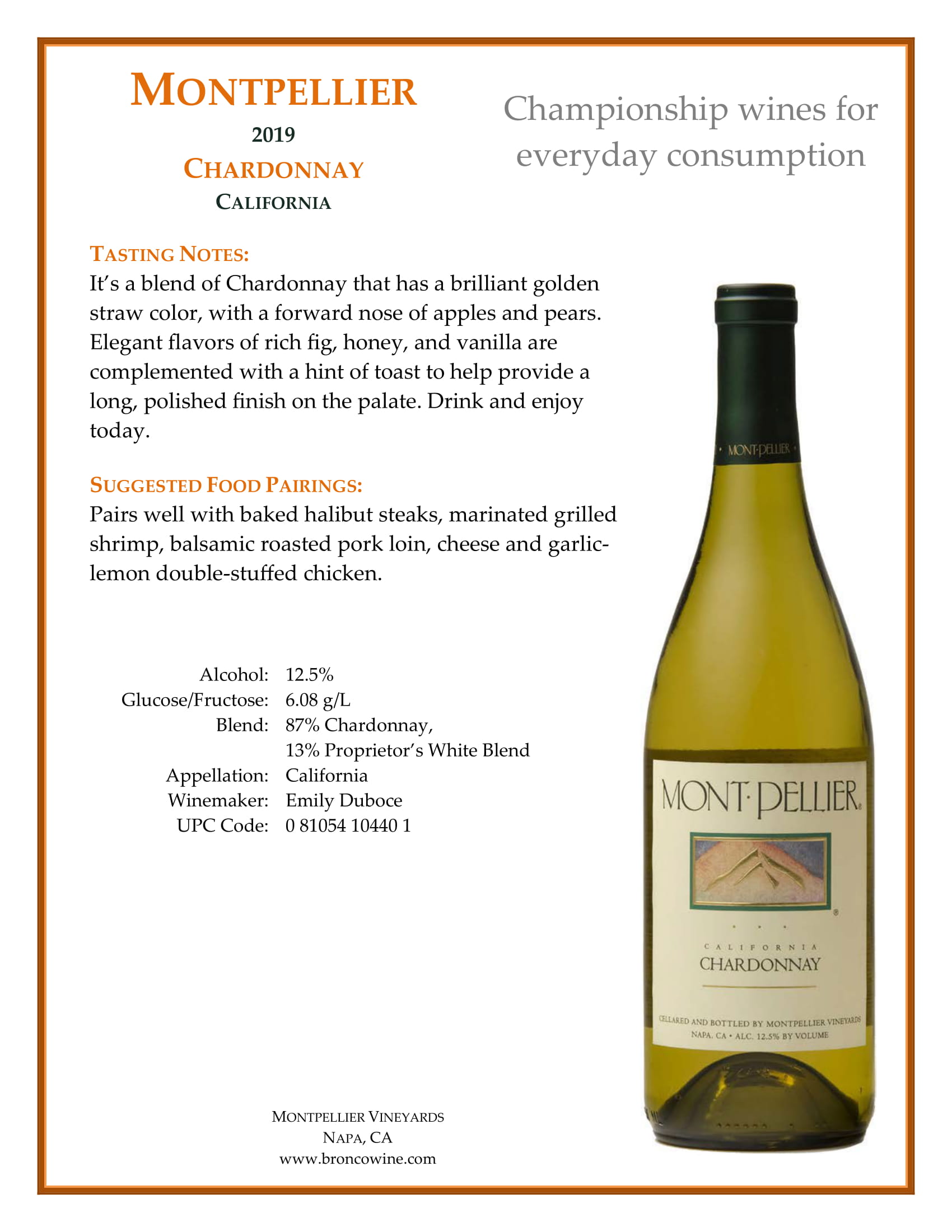 Montpellier Chardonnay white wine tech sheets