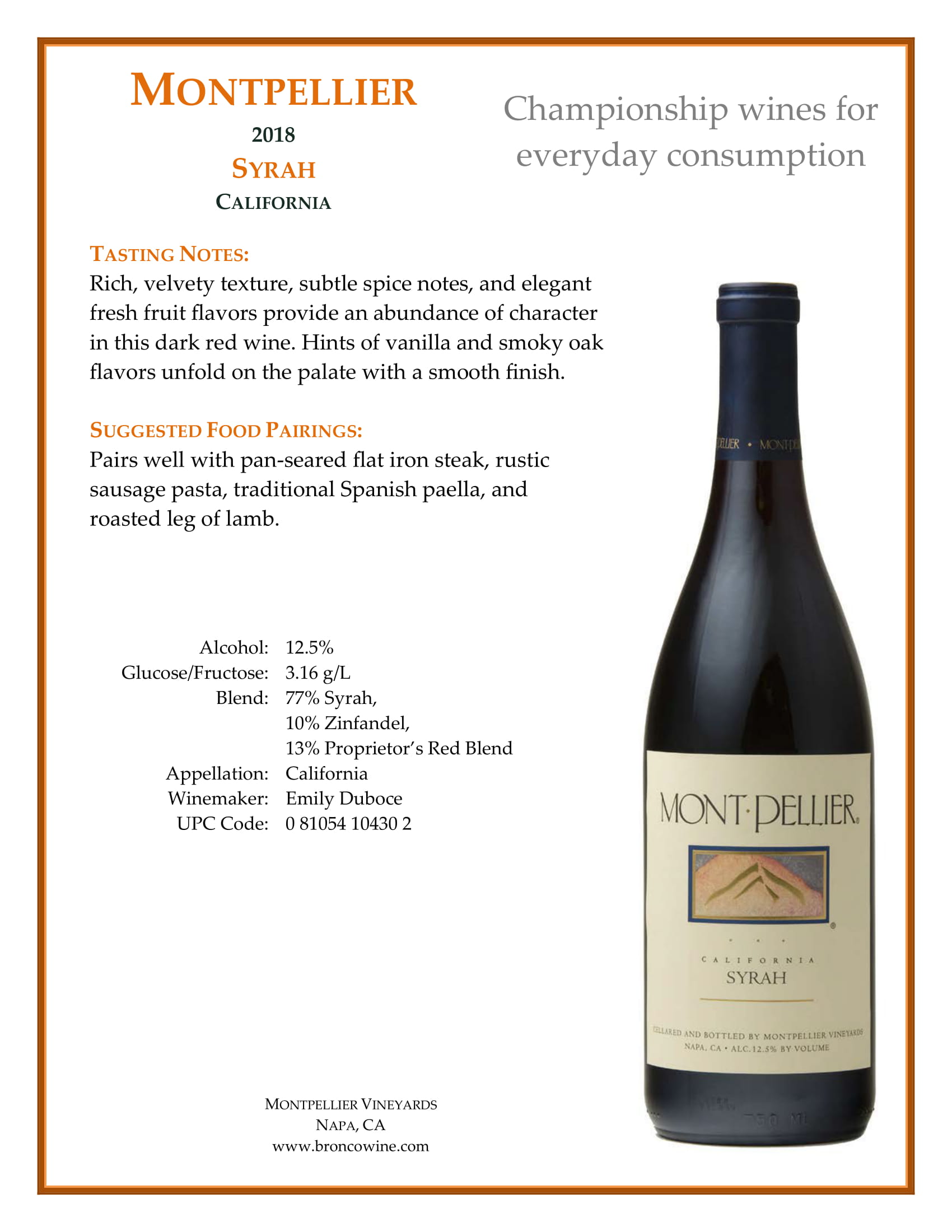 Montpellier Syrah tech sheet sample