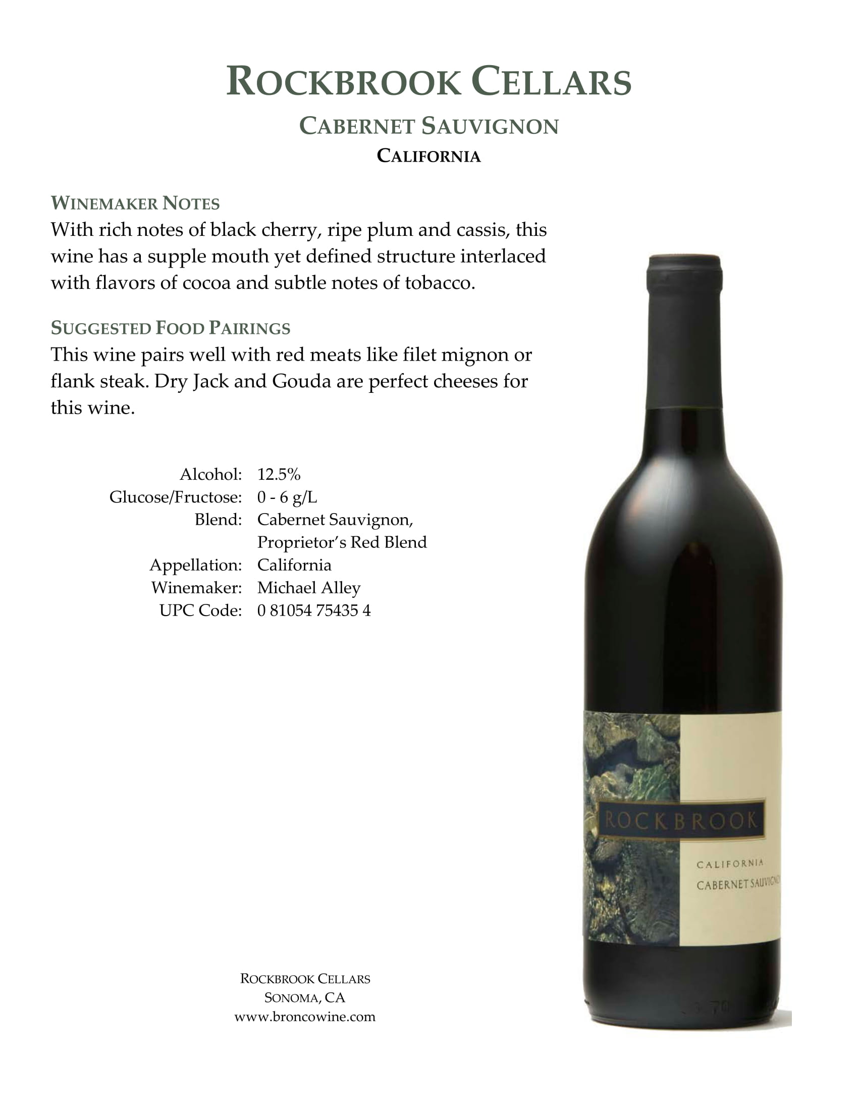 Rockbrook Cellars Cabernet Sauvignon wine tech sheet sample