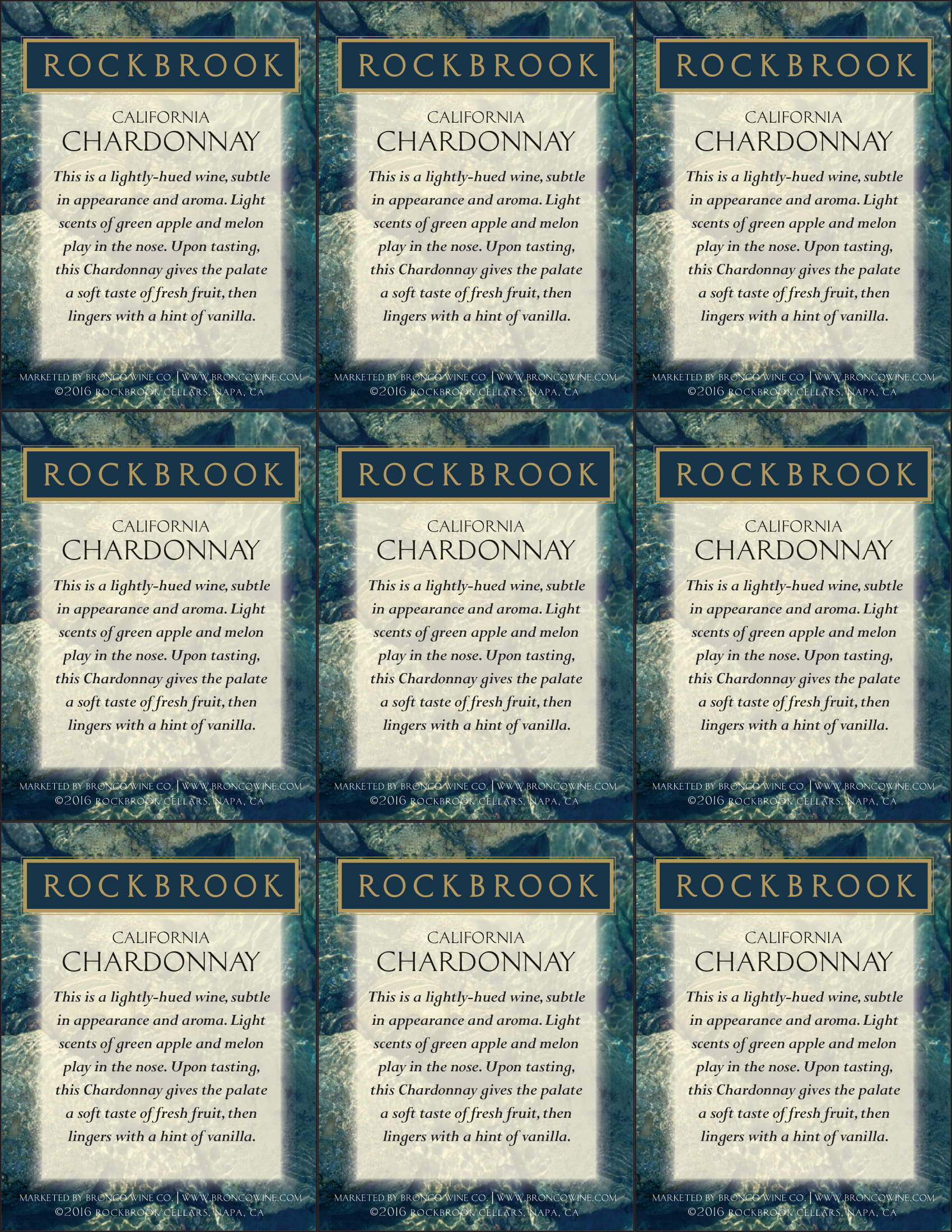 Rockbrook Cellars Chardonnay wine shelf talker sample