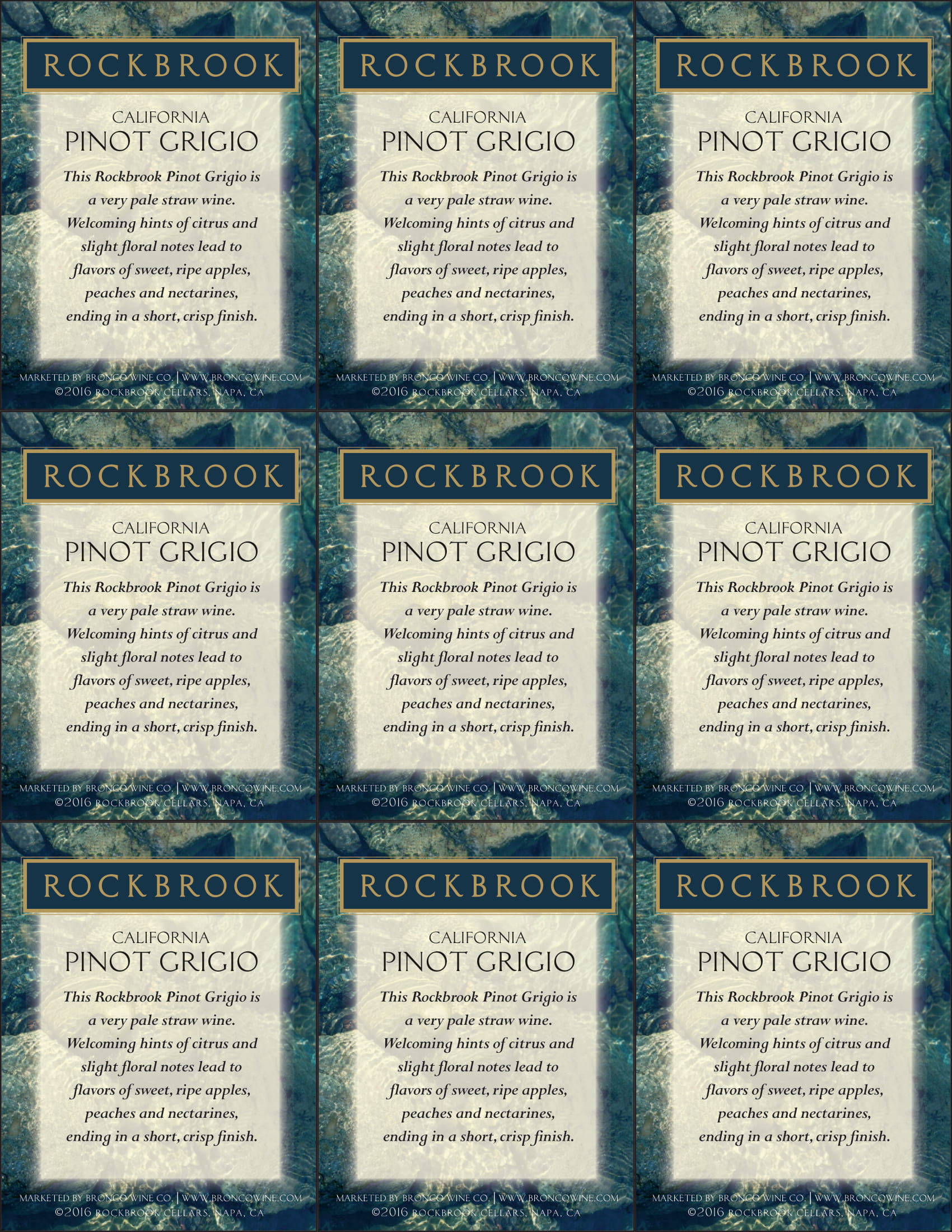 Rockbrook Cellars Pinot Grigio wine shelf talker sample