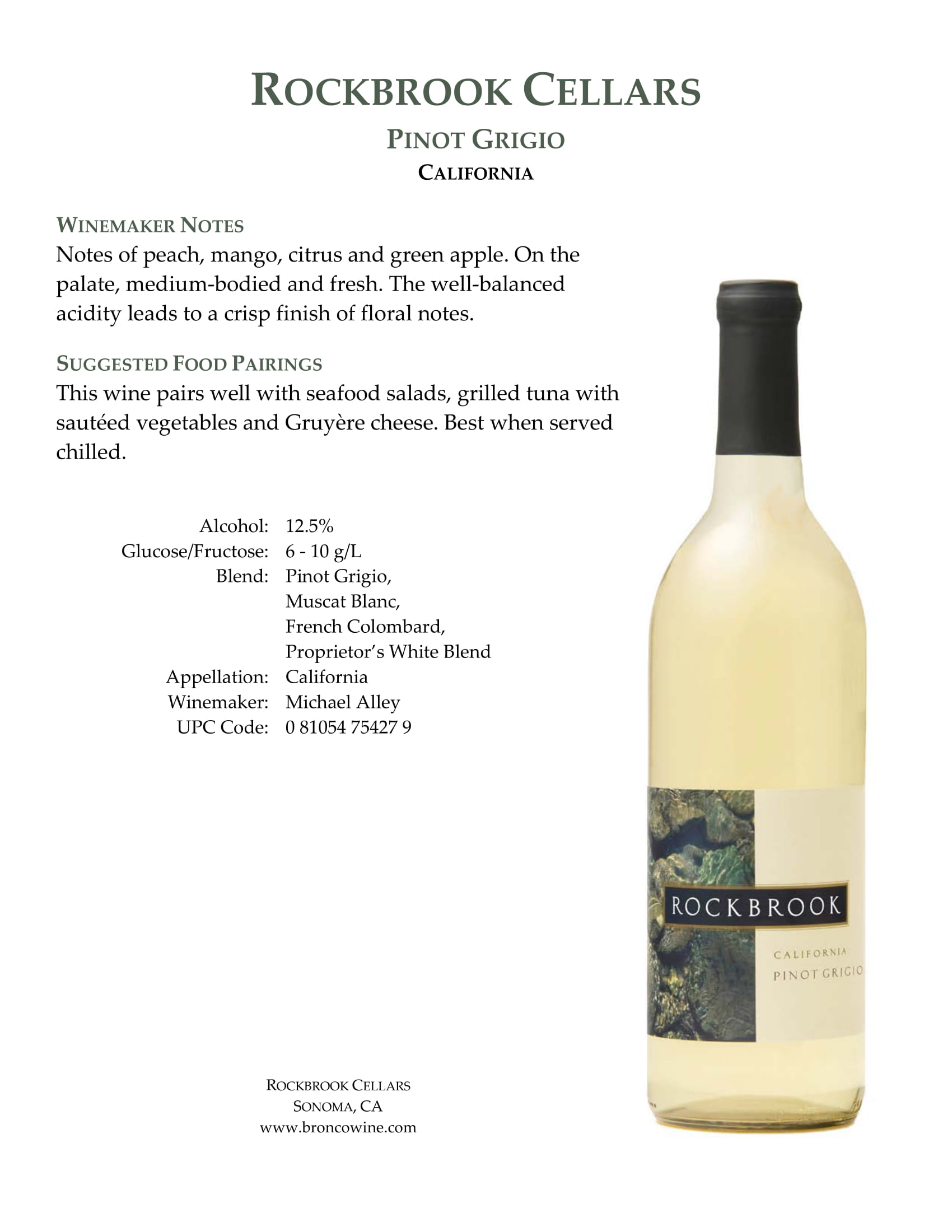 Rockbrook Cellars Pinot Grigio wine tech sheet sample