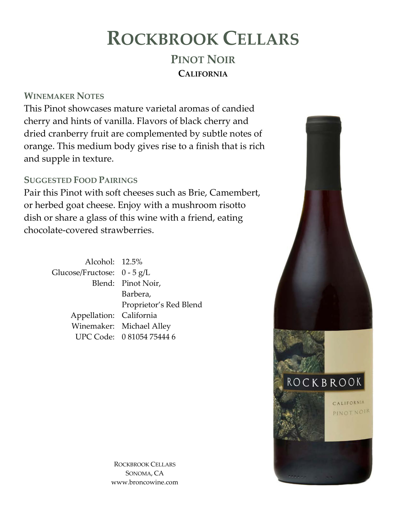 Rockbrook Cellars Pinot Noir wine tech sheet sample