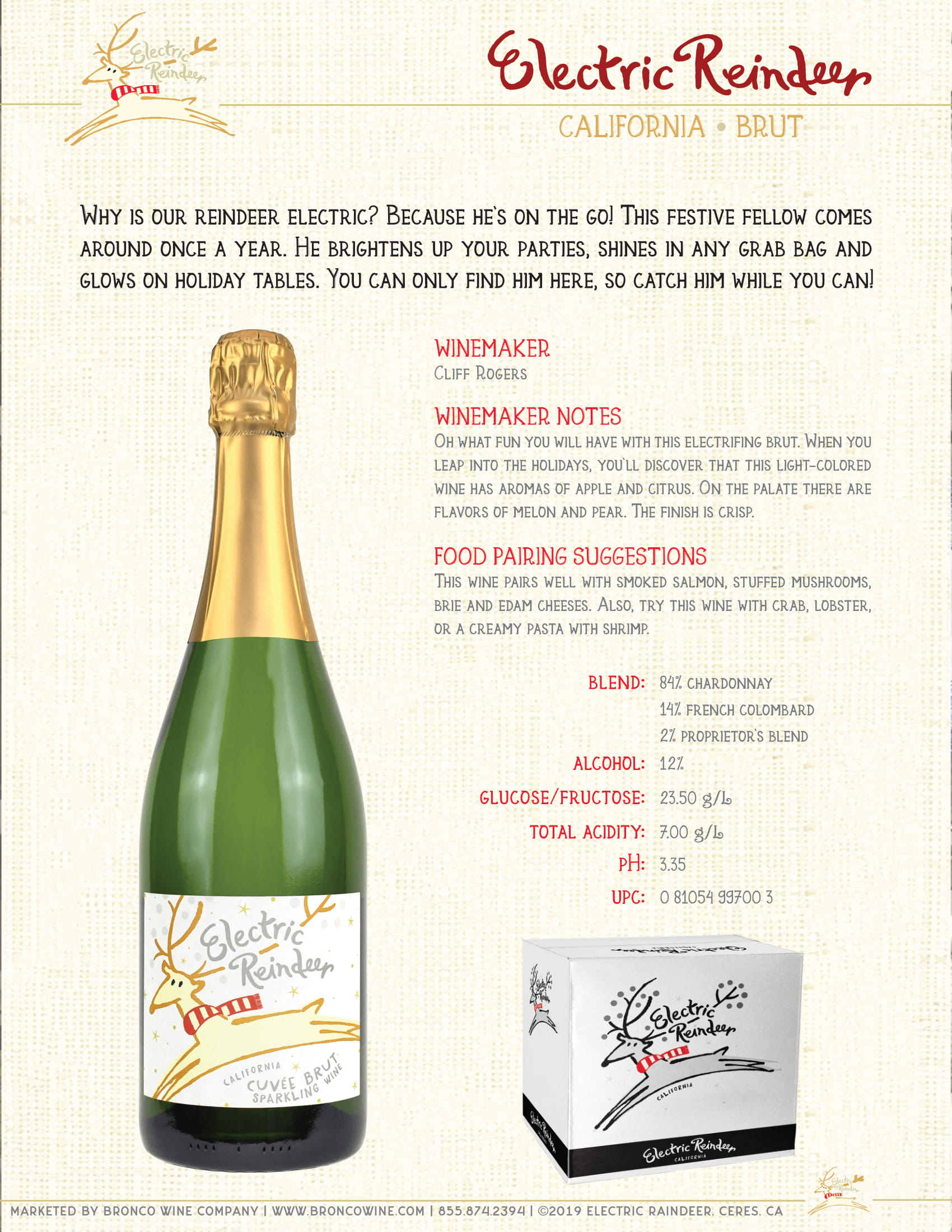 Electric Reindeer wine brand Sparkling Cuvée Brut tech sheet sample