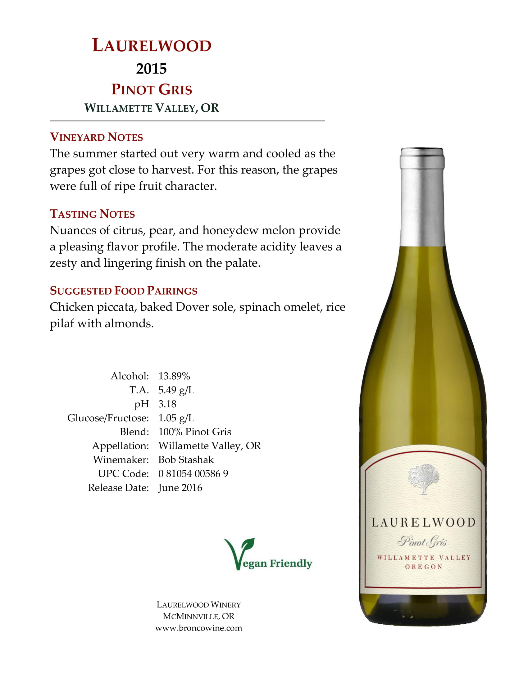 Laurelwood Pinot Gris tech sheet sample