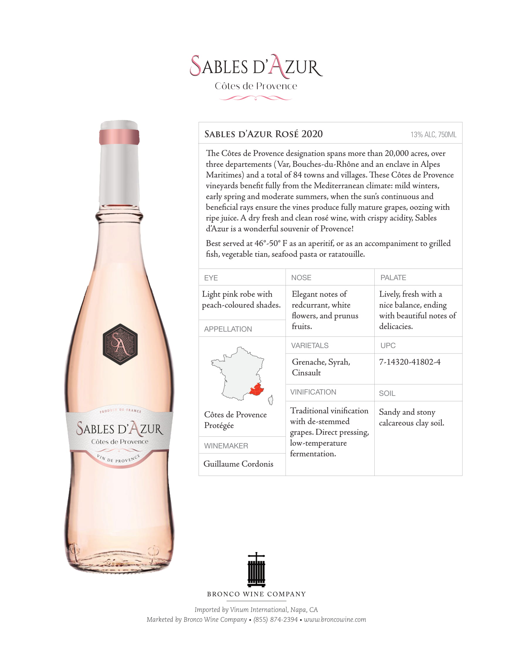 Sables D'Azur Cotes de Provence wine tech sheet sample