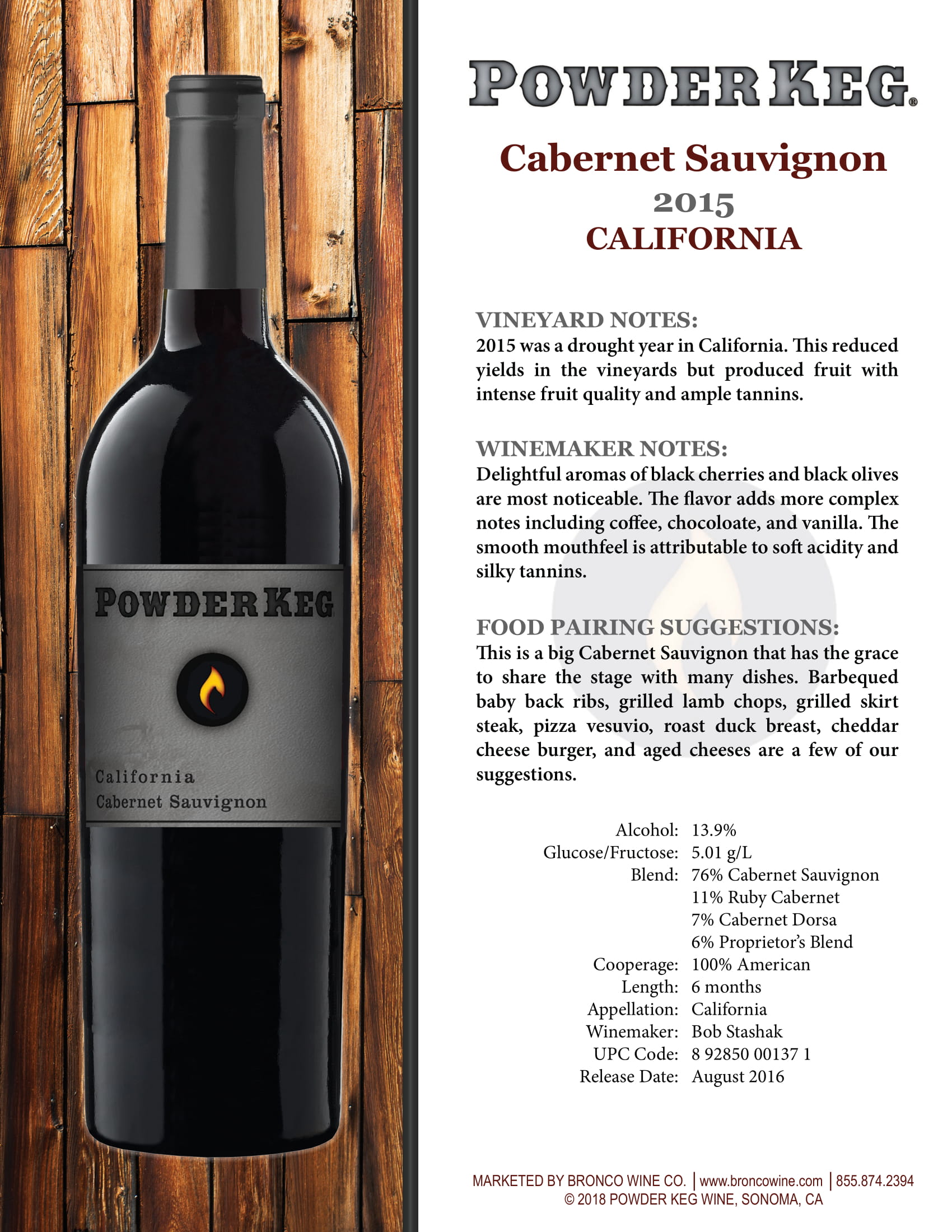 Powder Keg Cabernet Sauvignon tech sheet sample