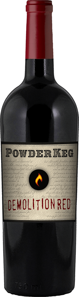 Powder Keg Demolition Red wine bottle with label and capsule