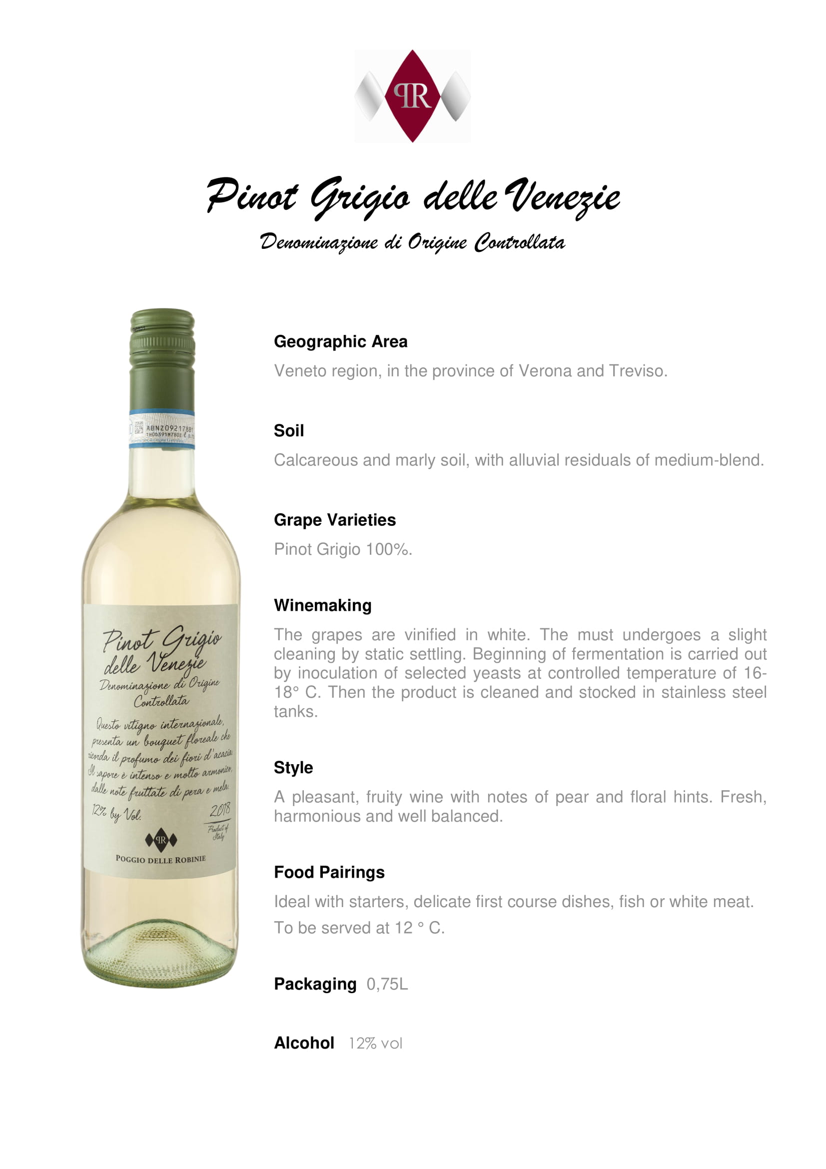 Poggio Delle Robinie Pinot Grigio wine tech sheet sample