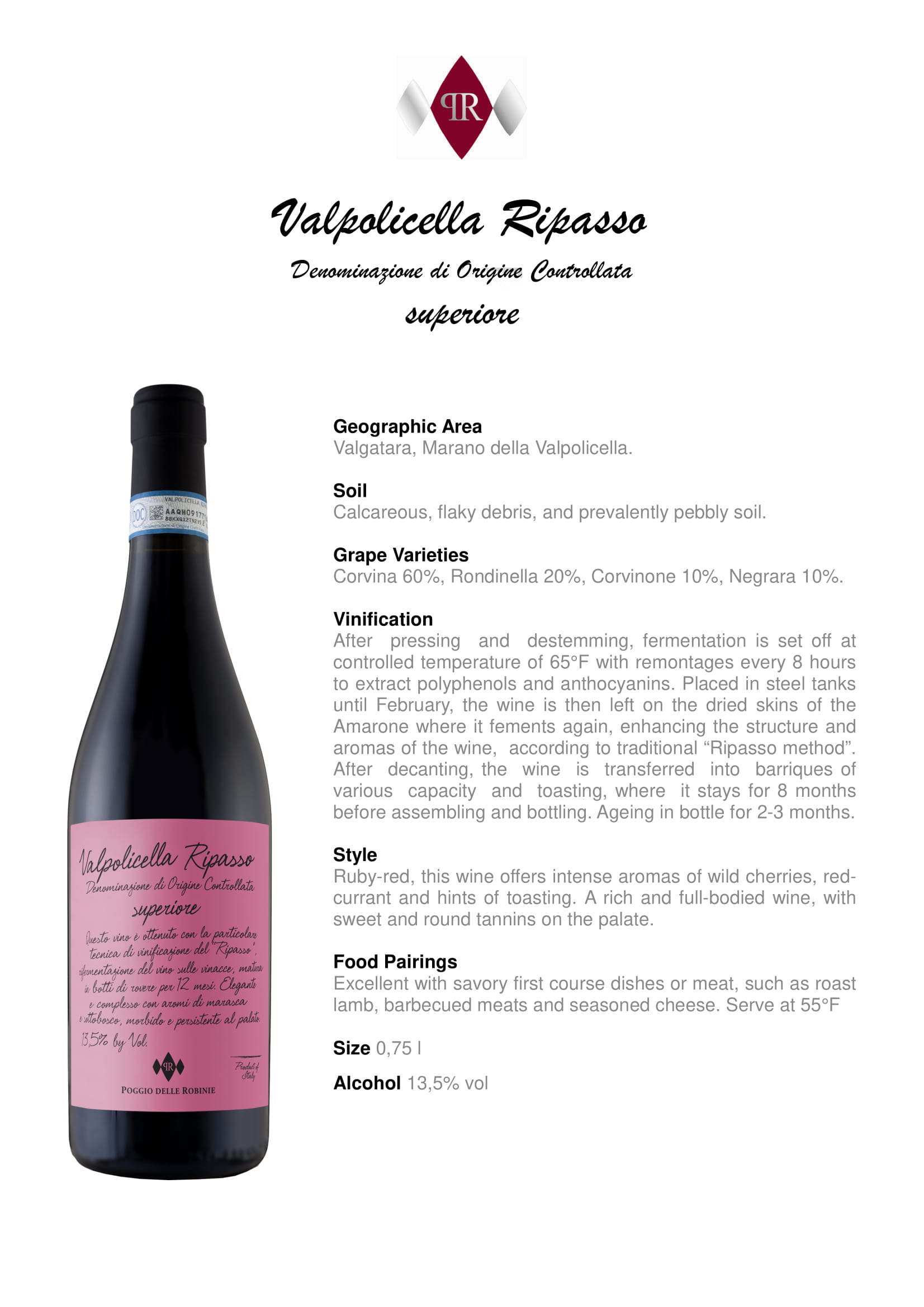 Poggio Delle Robinie Valpolicella Ripasso Italian wine tech sheet sample