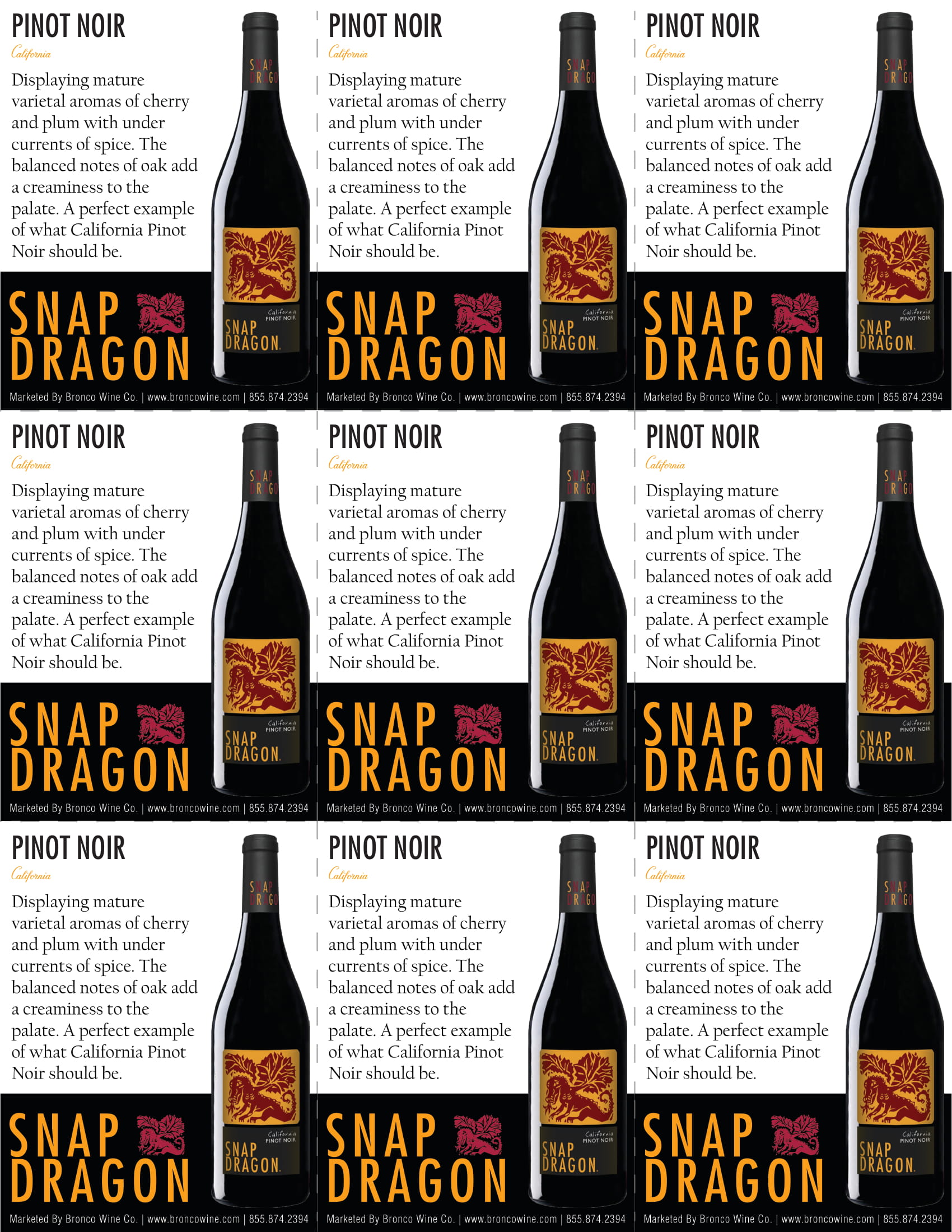 Snap Dragon Pinot Noir red wine shelf talker sample