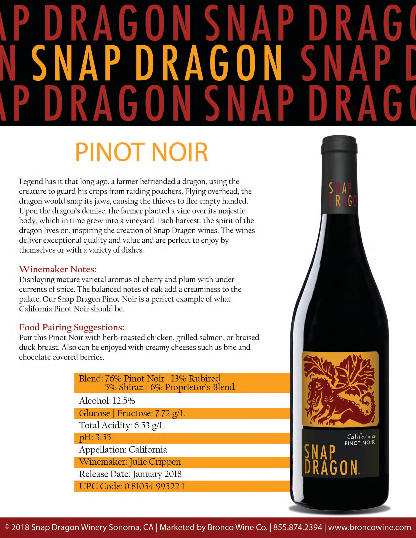 Snap Dragon Pinot Noir red wine tech sheet sample