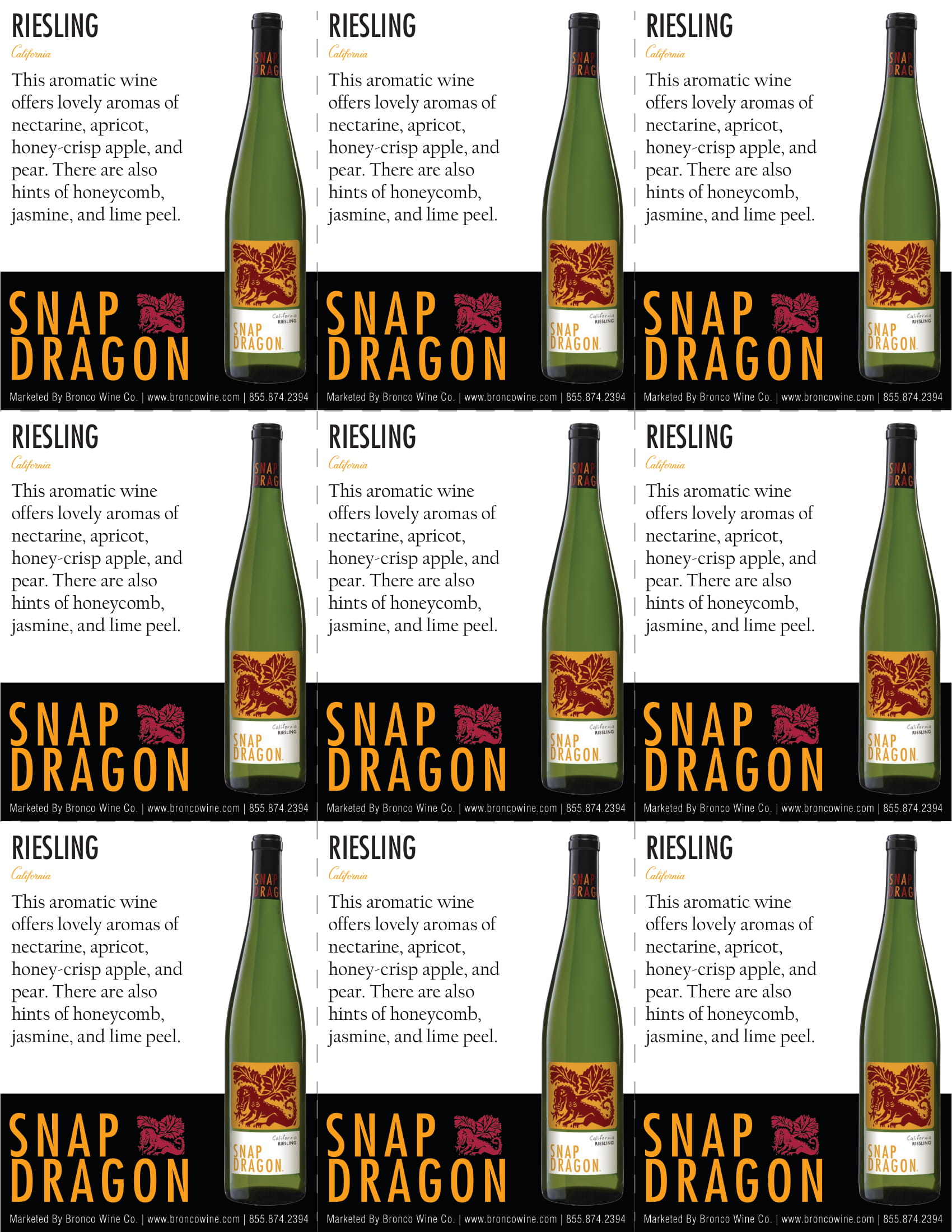 Snap Dragon Riesling wine shelf talker sample