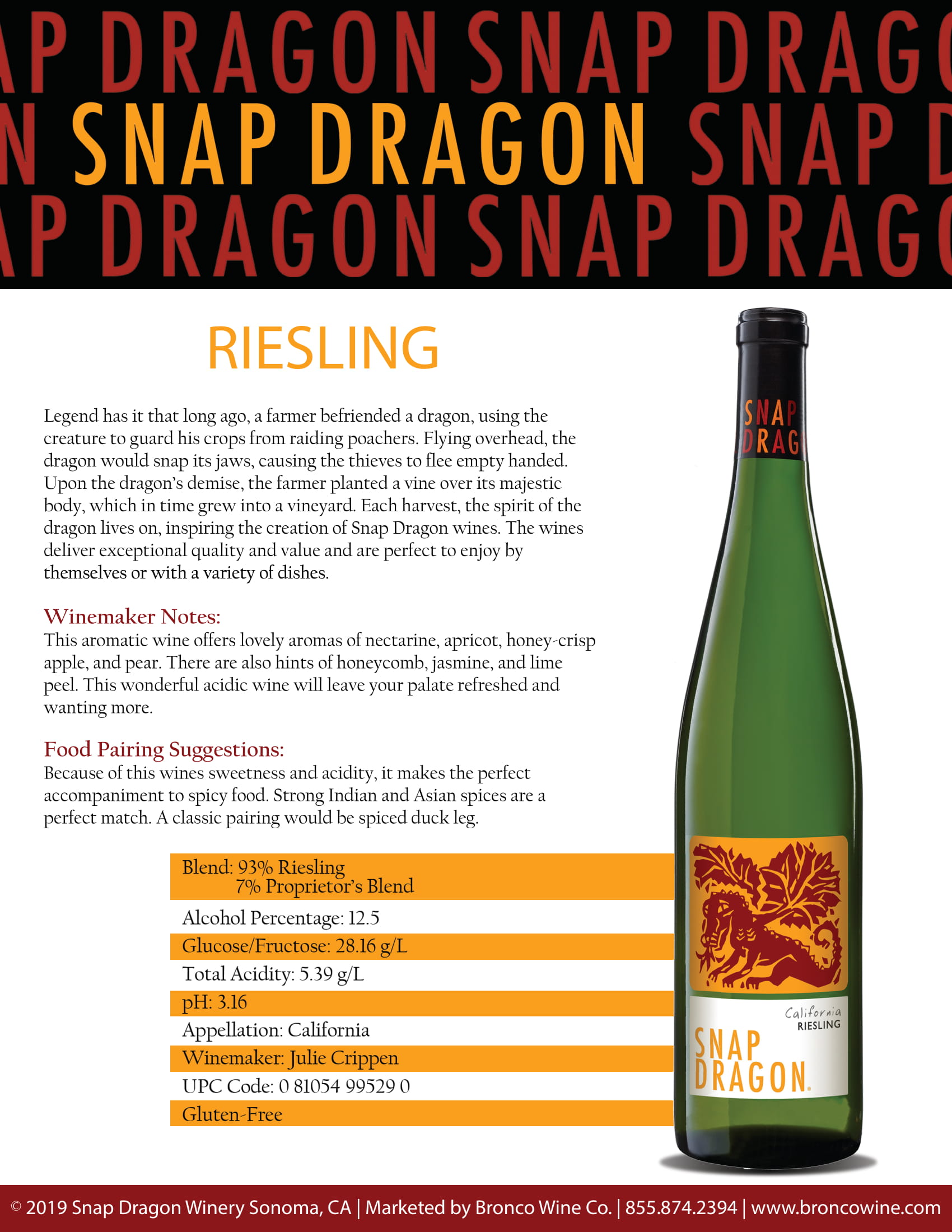 Snap Dragon Riesling white wine tech sheet sample