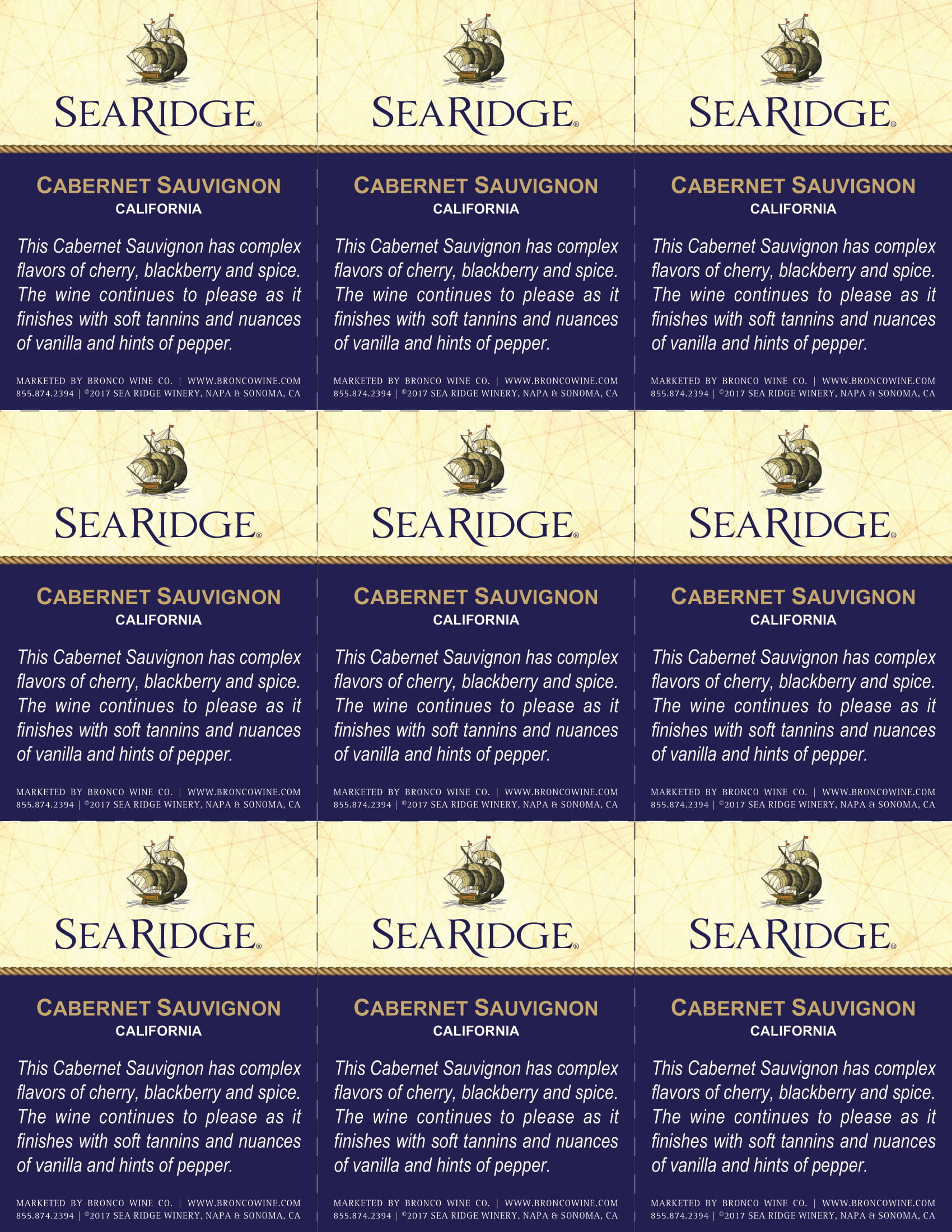 Sea Ridge Cabernet Sauvignon wine shelf talker sample