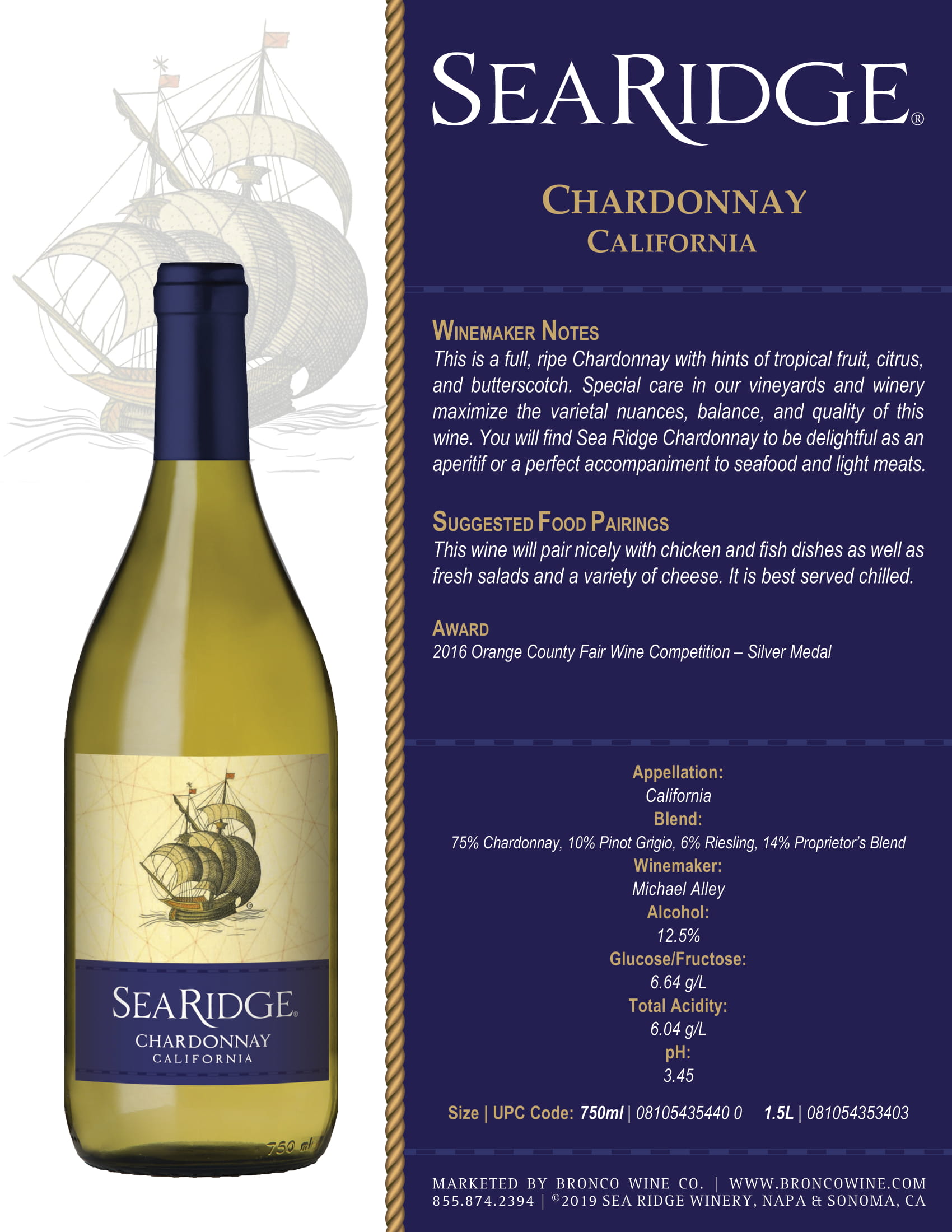 Sea Ridge Chardonnay wine tech sheet sample