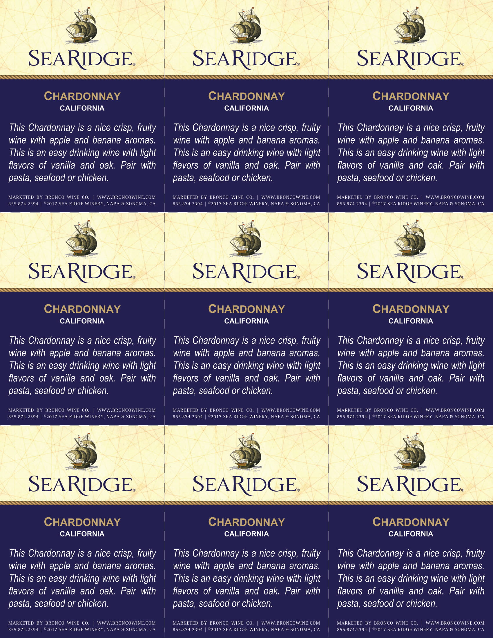 Sea Ridge Chardonnay wine shelf talker sample