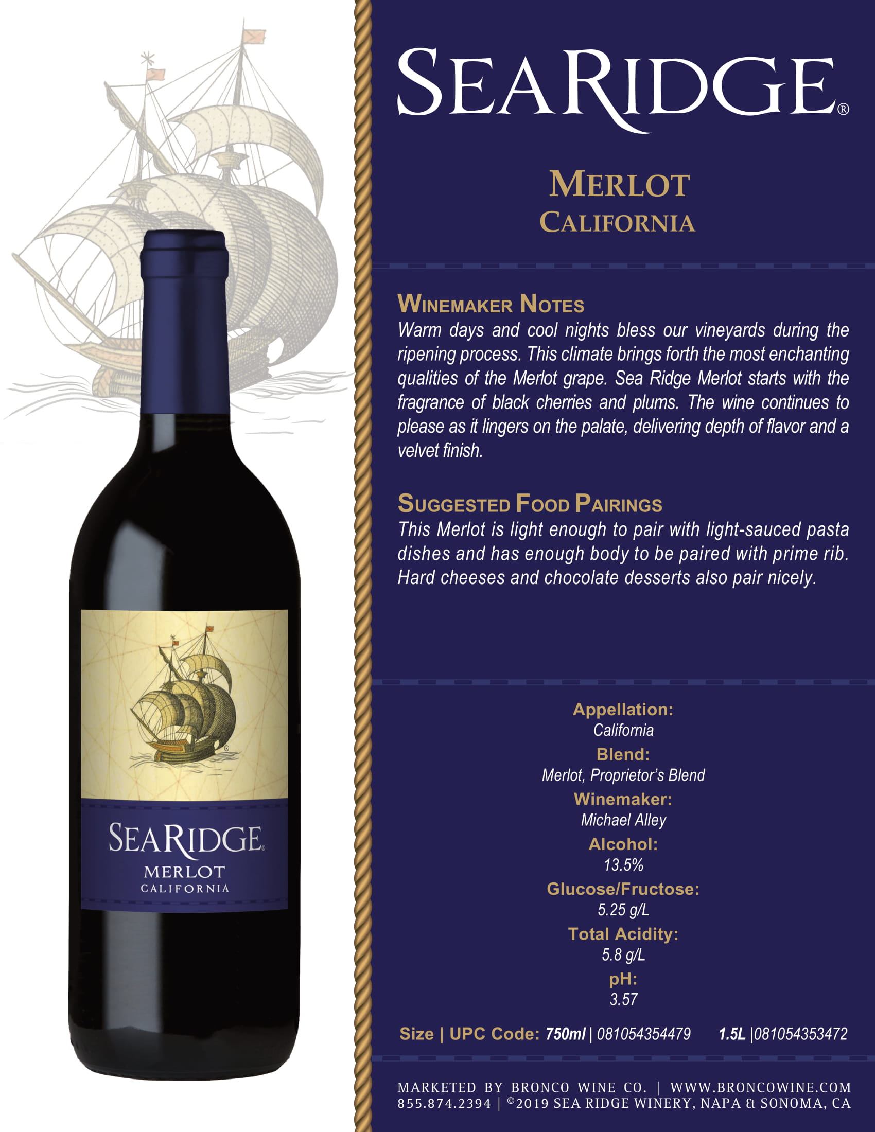 Sea Ridge Merlot wine tech sheet sample