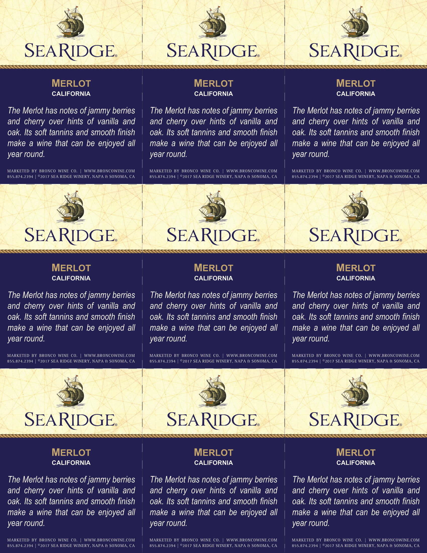 Sea Ridge Merlot wine shelf talker sample