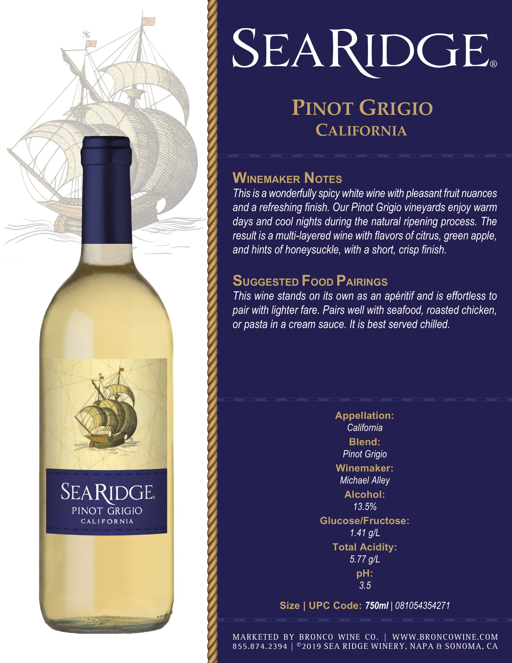 Sea Ridge Pinot Grigio wine tech sheet sample