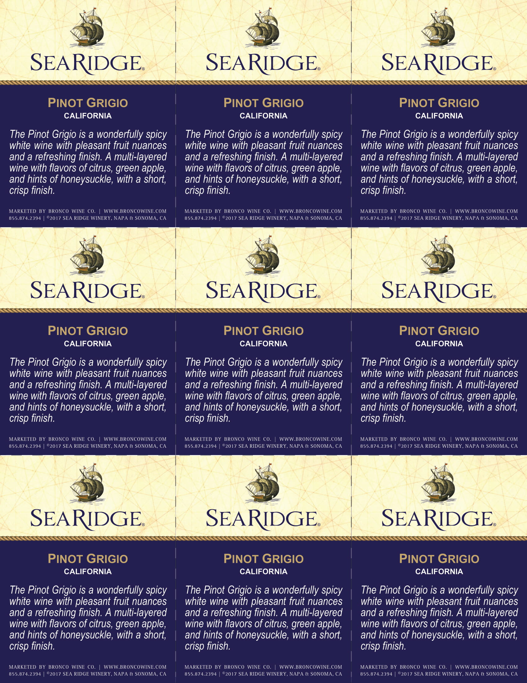 Sea Ridge Pinot Grigio wine shelf talker sample