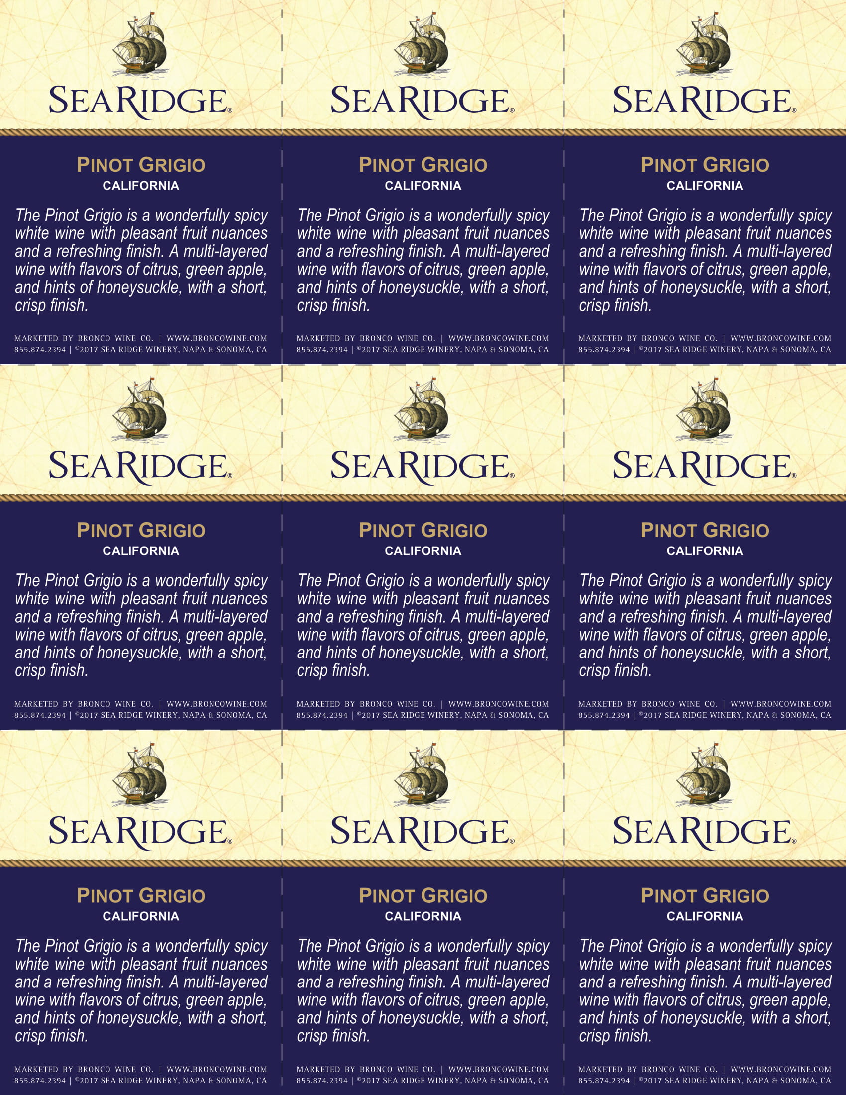 Sea Ridge Pinot Grigio wine shelf talker sample