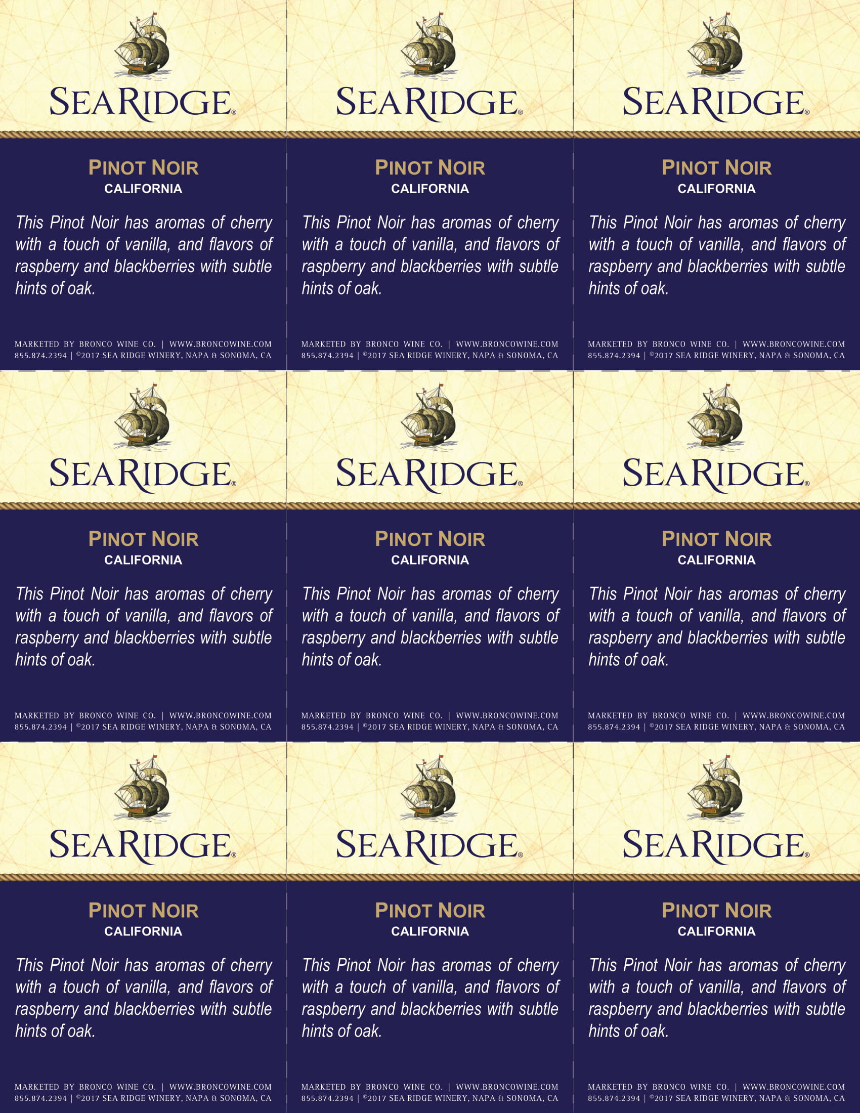 Sea Ridge Pinot Noir wine shelf talker sample