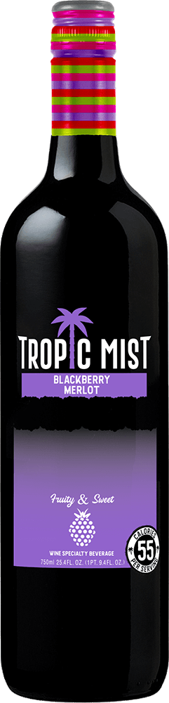 Tropic Mist Blackberry Merlot wine bottle front view with label and capsule