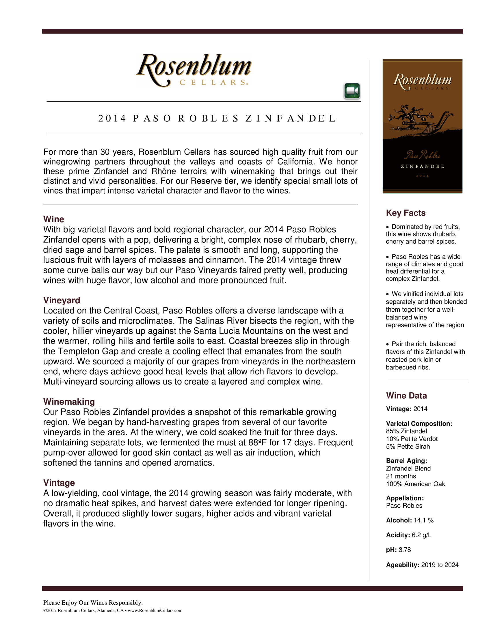 Rosenblum Cellars Zinfandel Paso Robles wine tech sheet sample