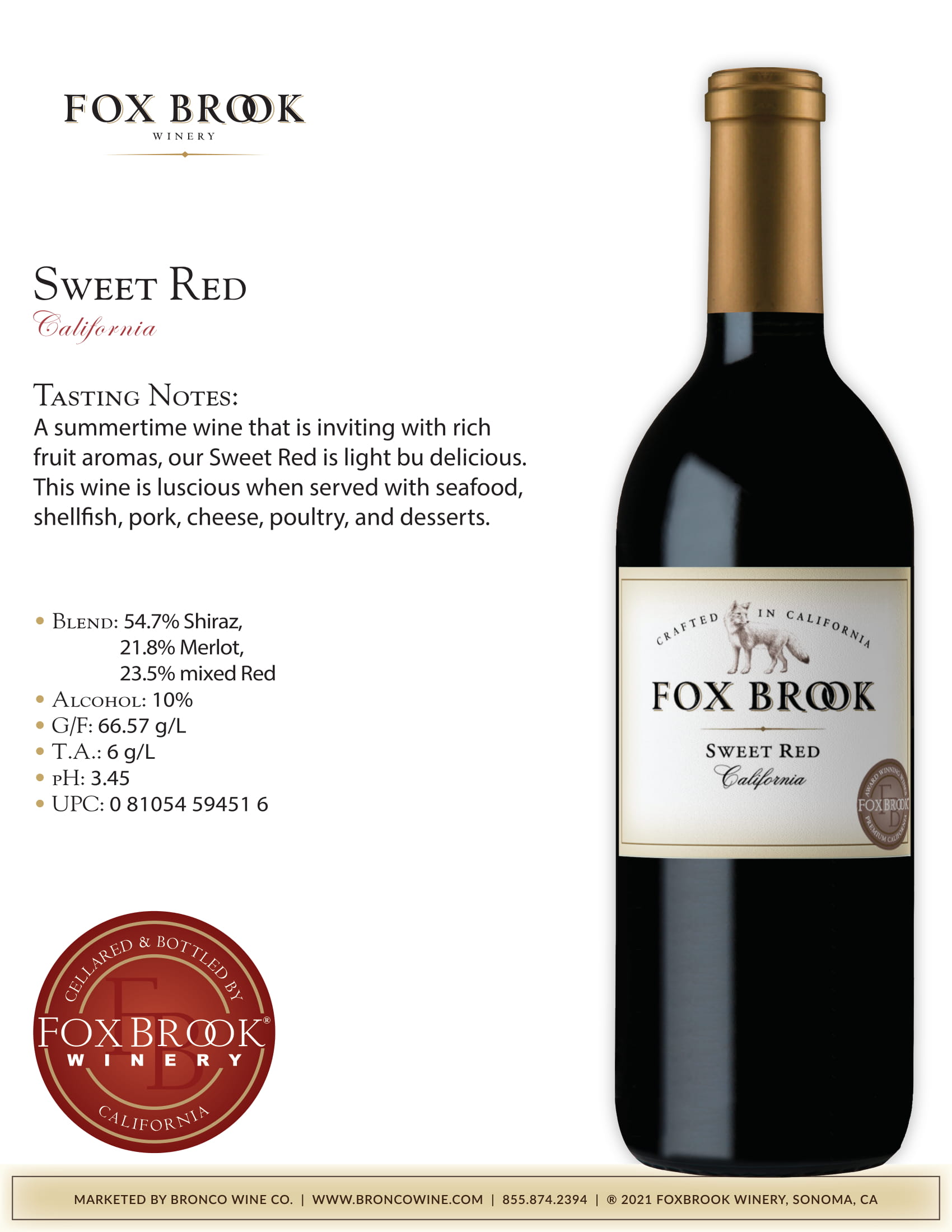 Fox Brook wine brand Sweet Red tech sheet sample