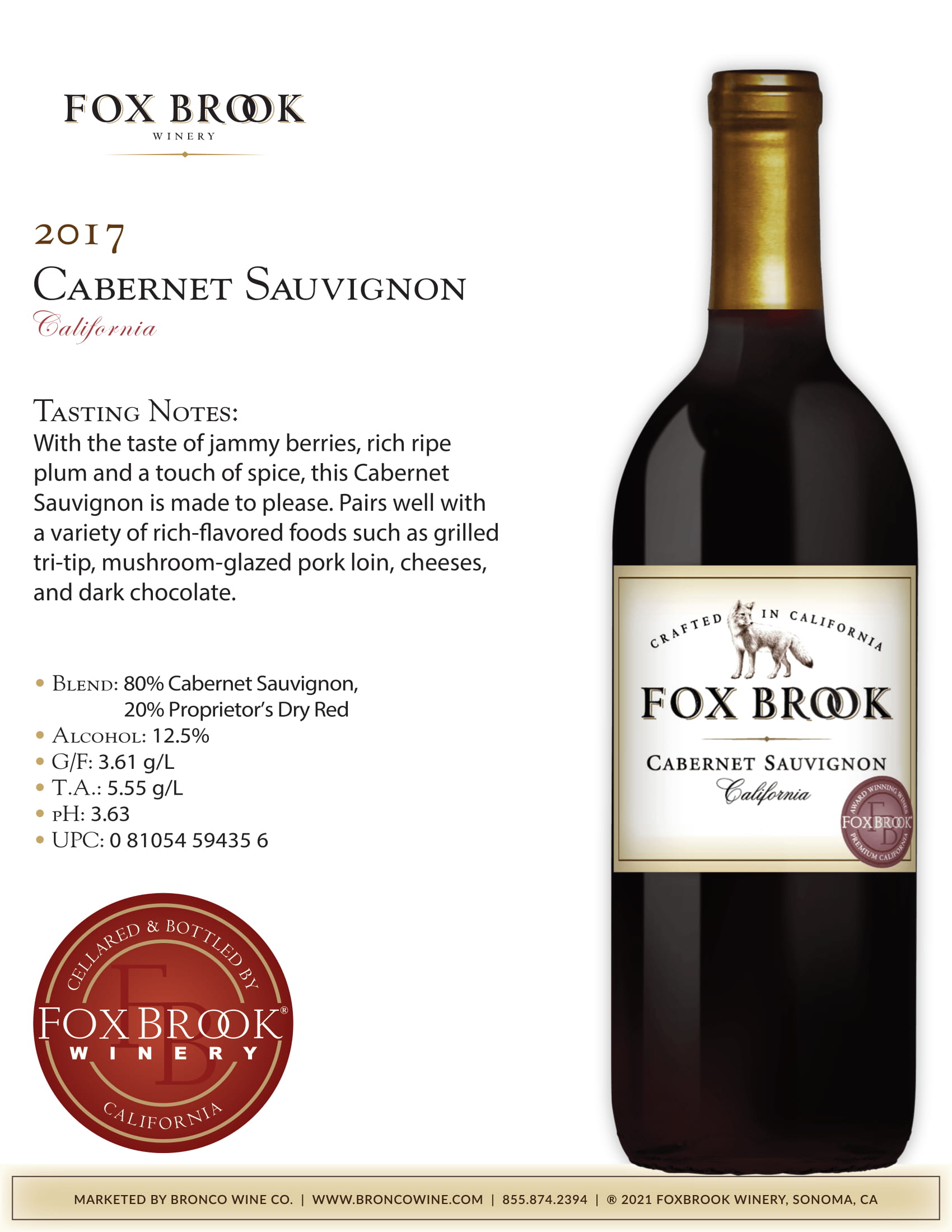 Fox Brook wine brand Cabernet Sauvignon tech sheet sample