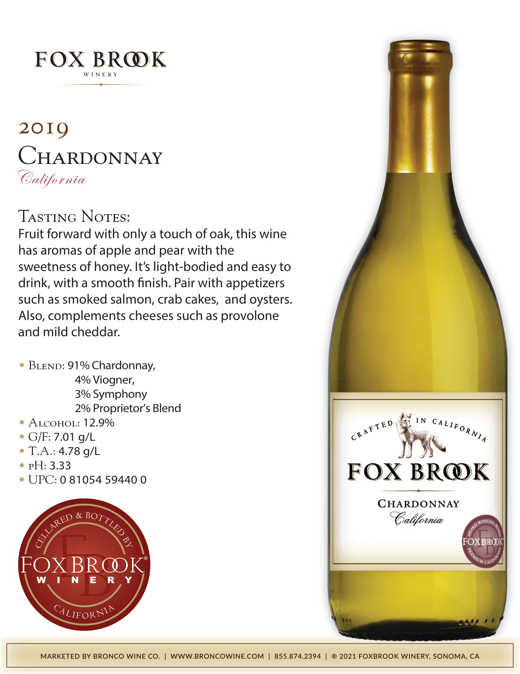 Fox Brook wine brand Chardonnay tech sheet sample