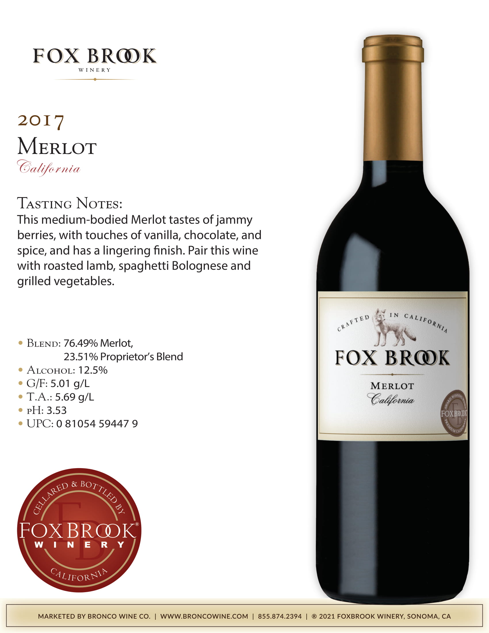 Fox Brook wine brand Merlot tech sheet sample