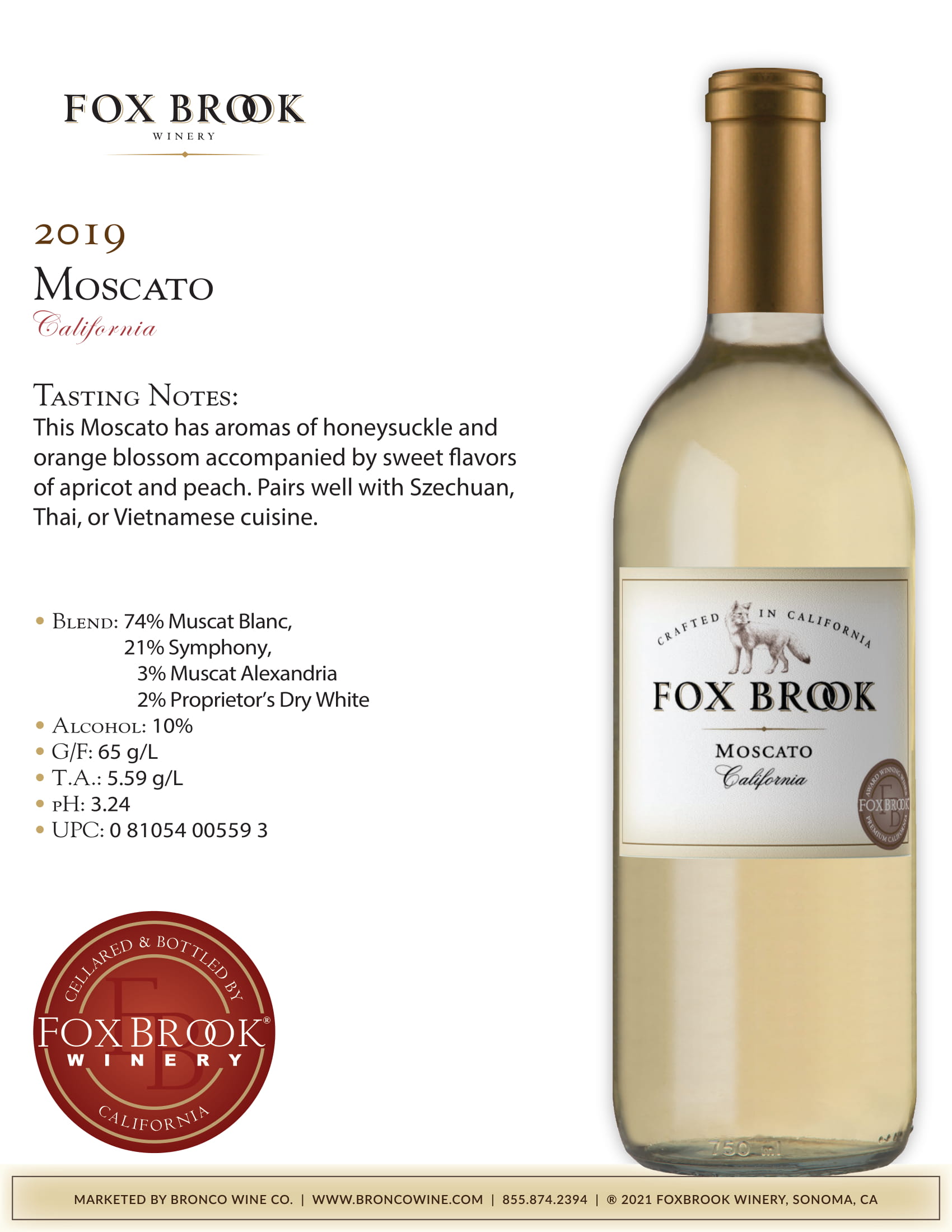 Fox Brook wine brand Moscato tech sheet sample