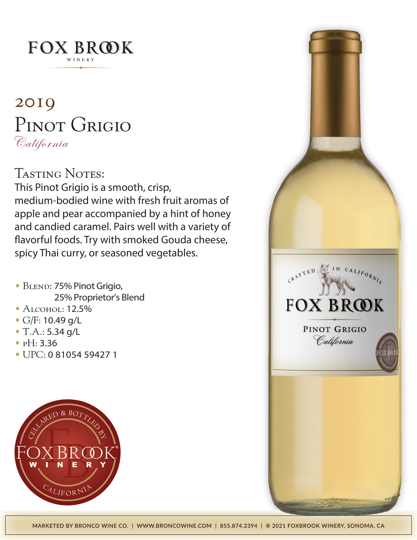Fox Brook wine brand Pinot Grigio tech sheet sample