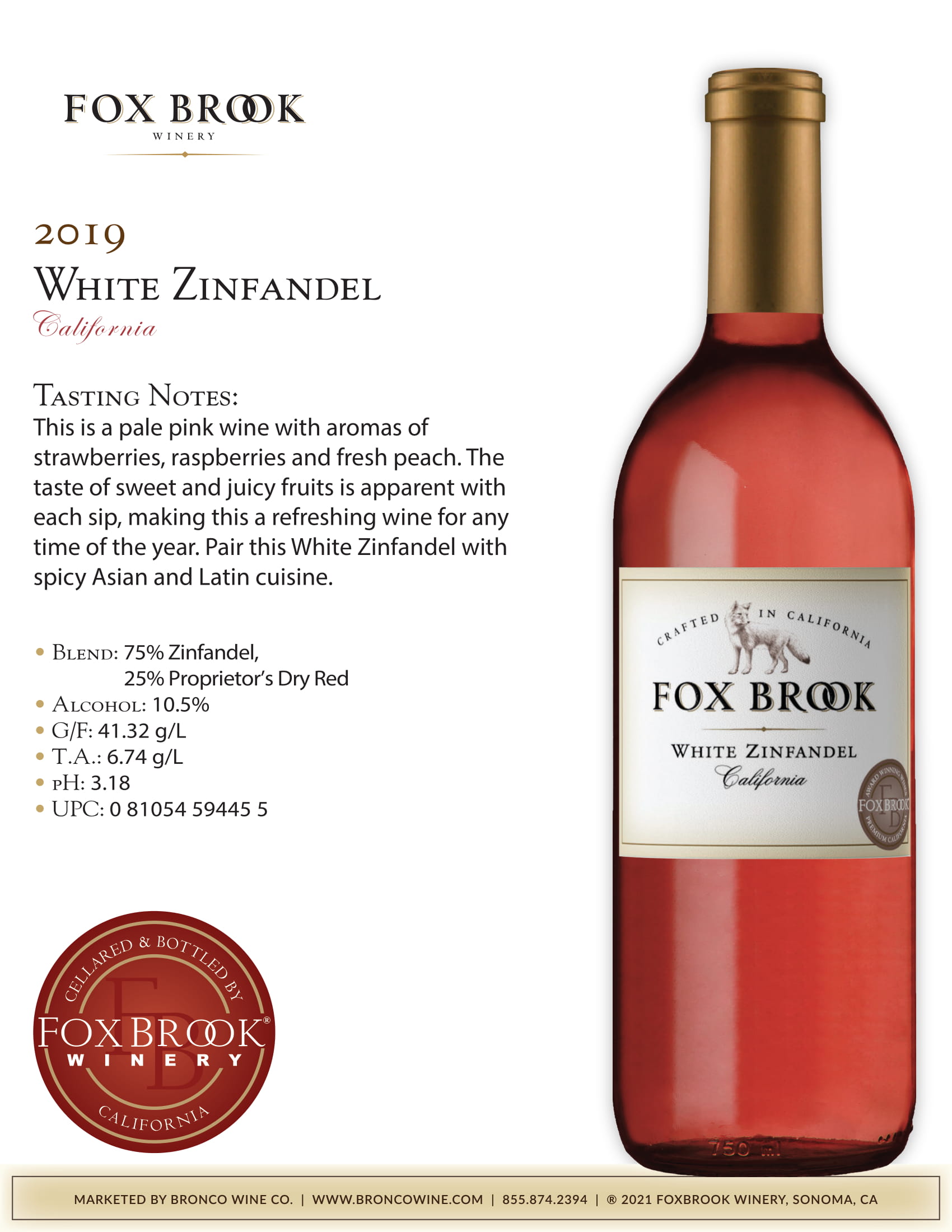 Fox Brook wine brand White Zinfandel tech sheet sample