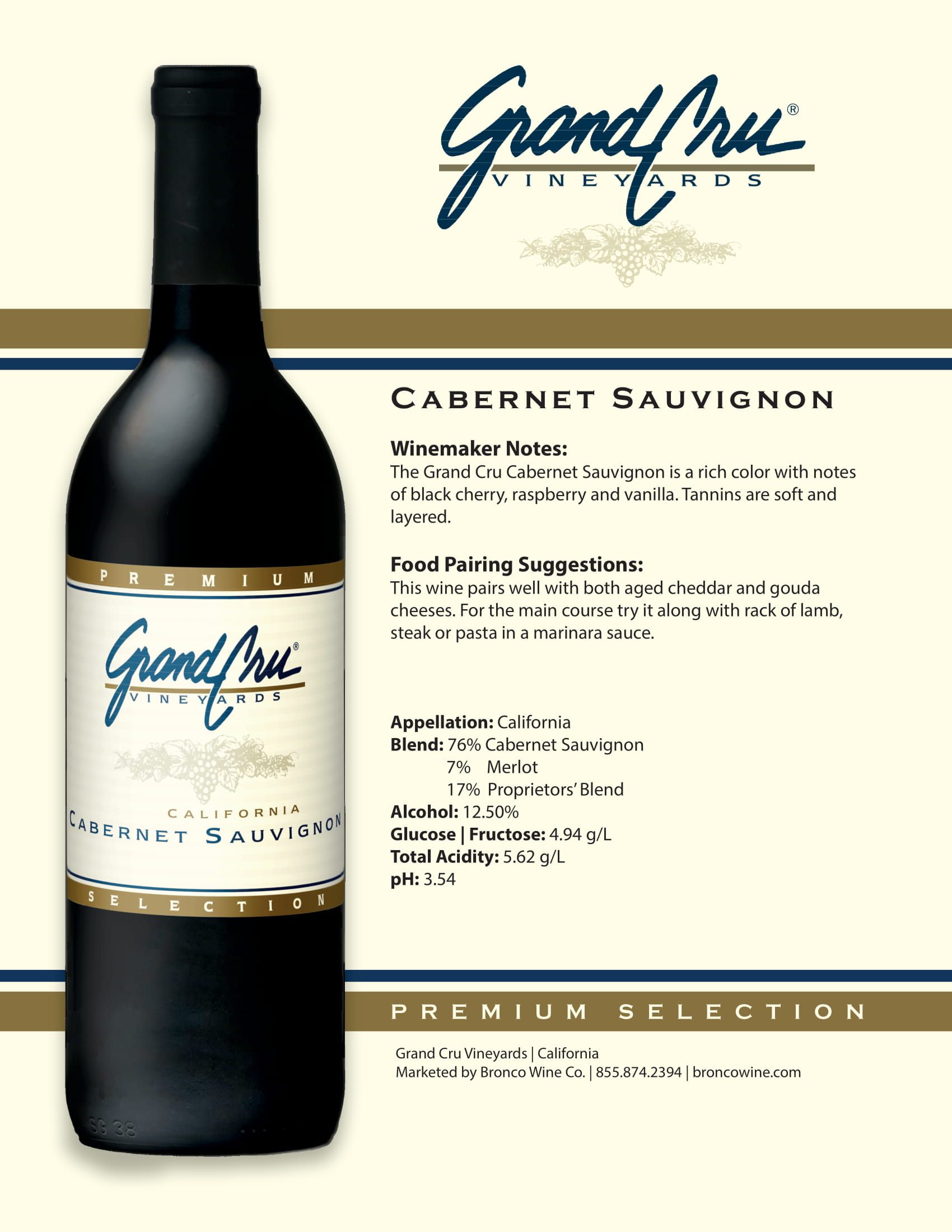 Grand Cru Cabernet Sauvignon tech sheet sample