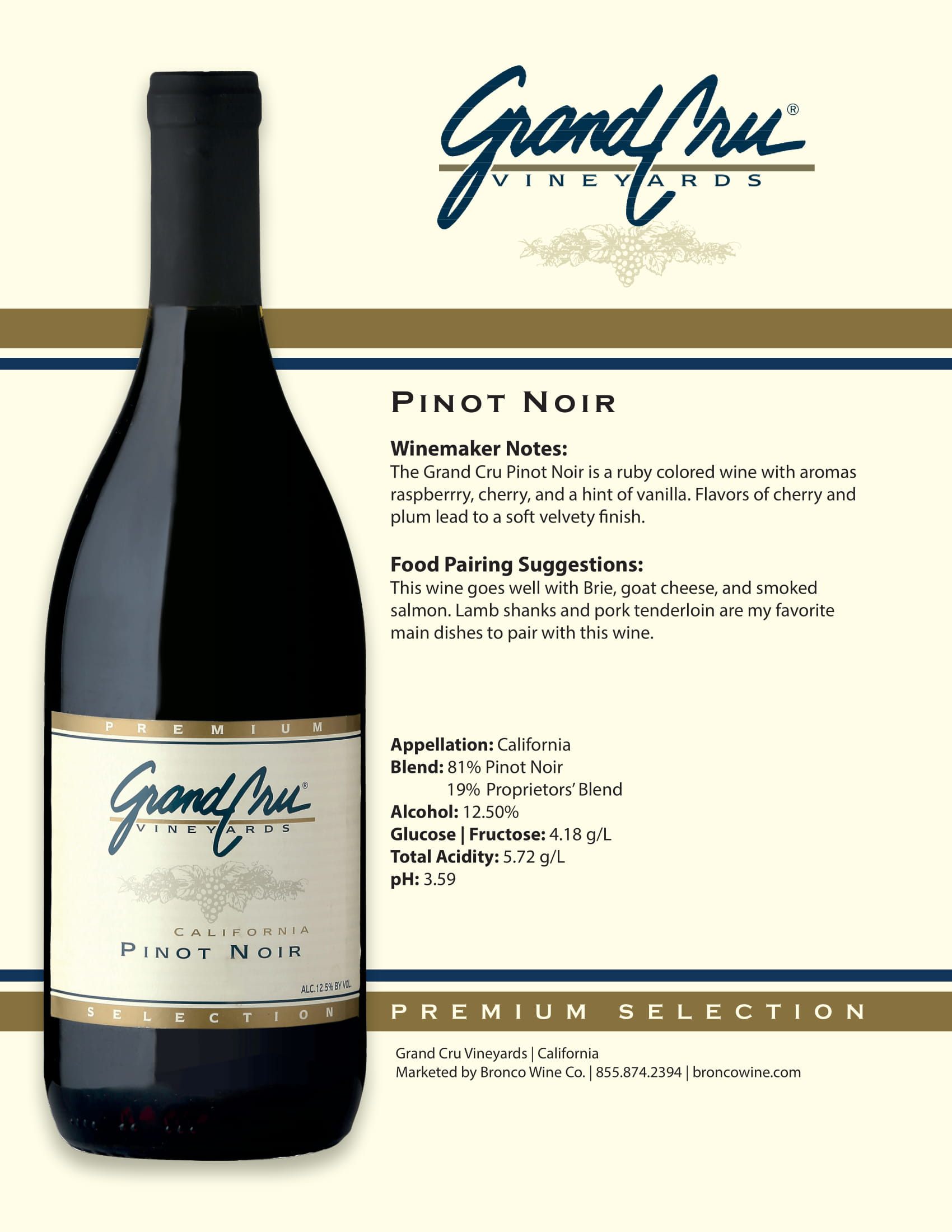 Grand Cru Pinot Noir tech sheet sample