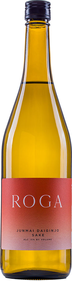 Roga Junmai Daiginjo sake bottle and sake label front view