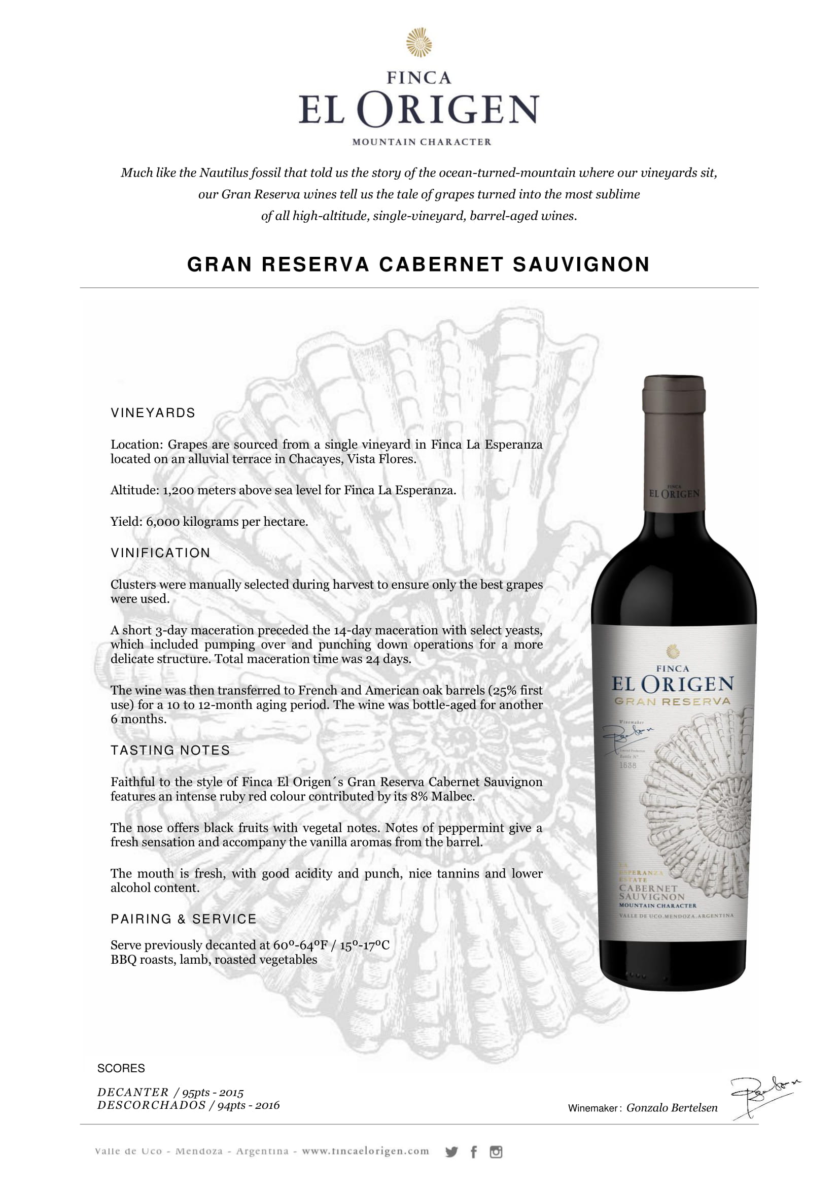 Finca El Origen Gran Reserva Cabernet Sauvignon tech sheet sample