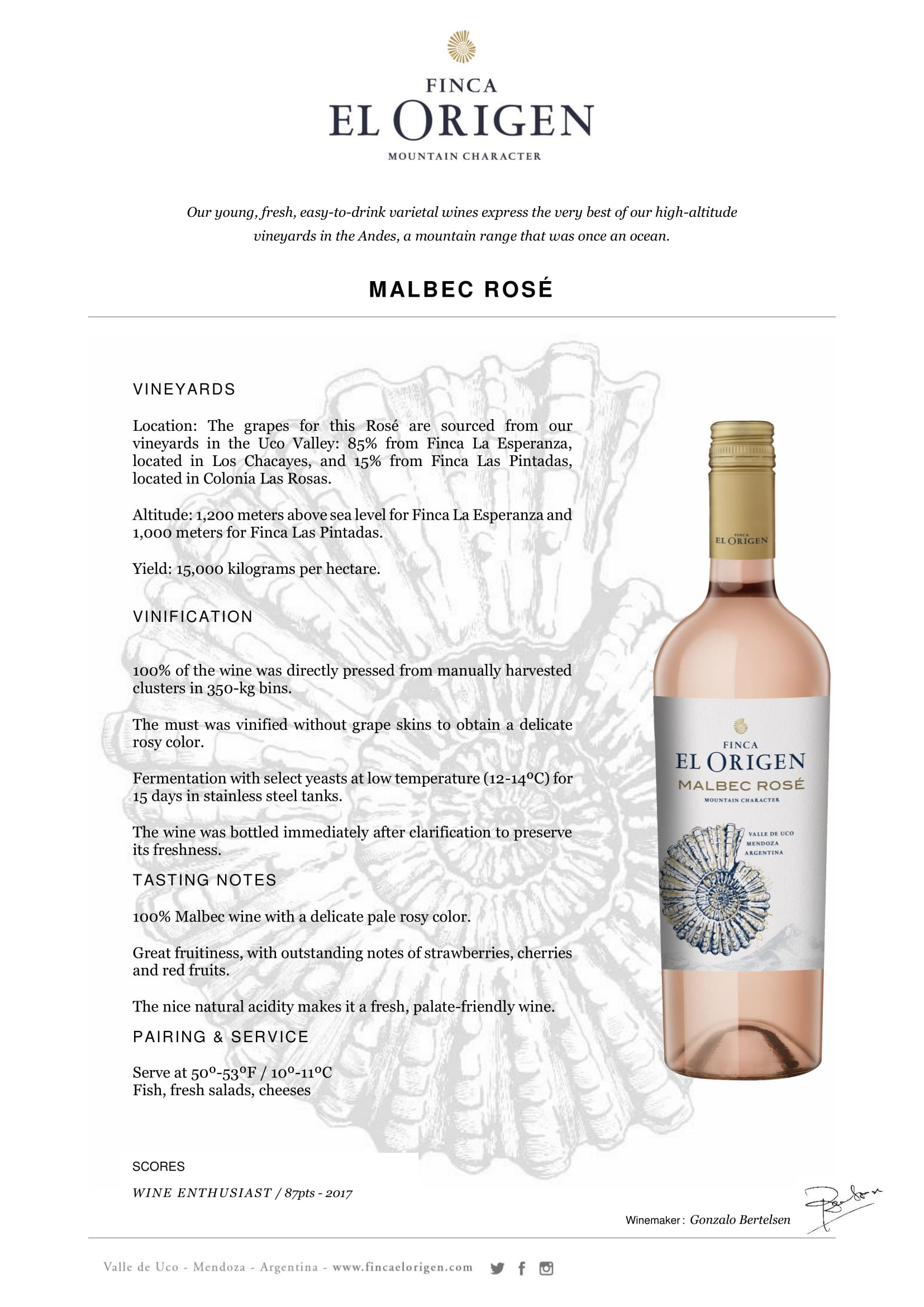 Finca El Origen Malbec Rosé tech sheet sample