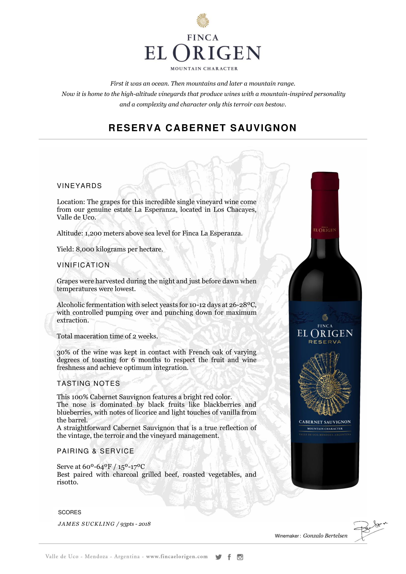 Finca El Origen Reserva Cabernet Sauvignon tech sheet sample