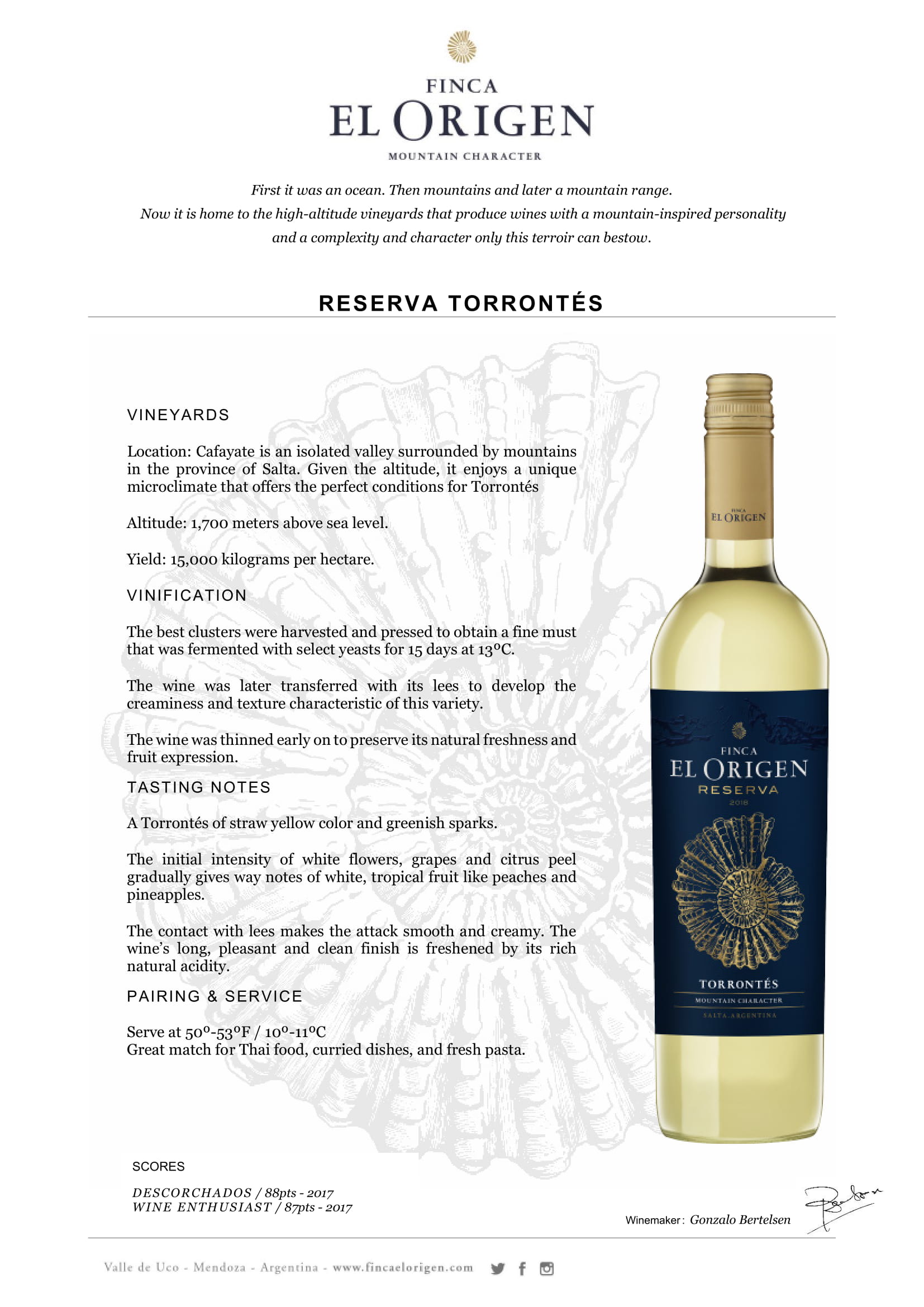 Finca El Origen Reserva Torrontés tech sheet sample