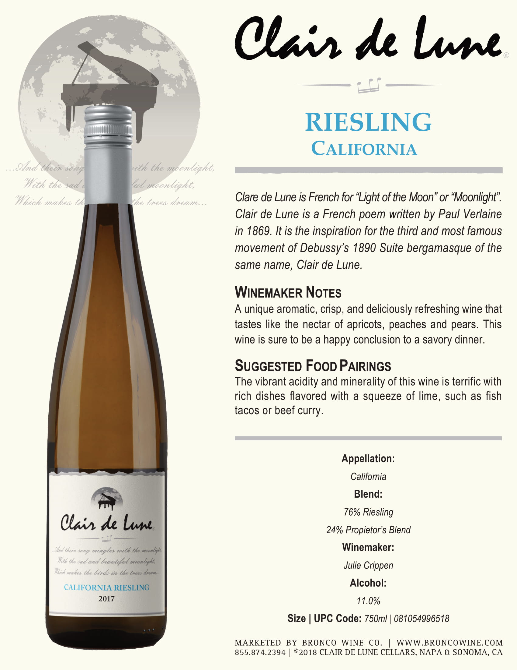 Clair De Lune Riesling tech sheet sample