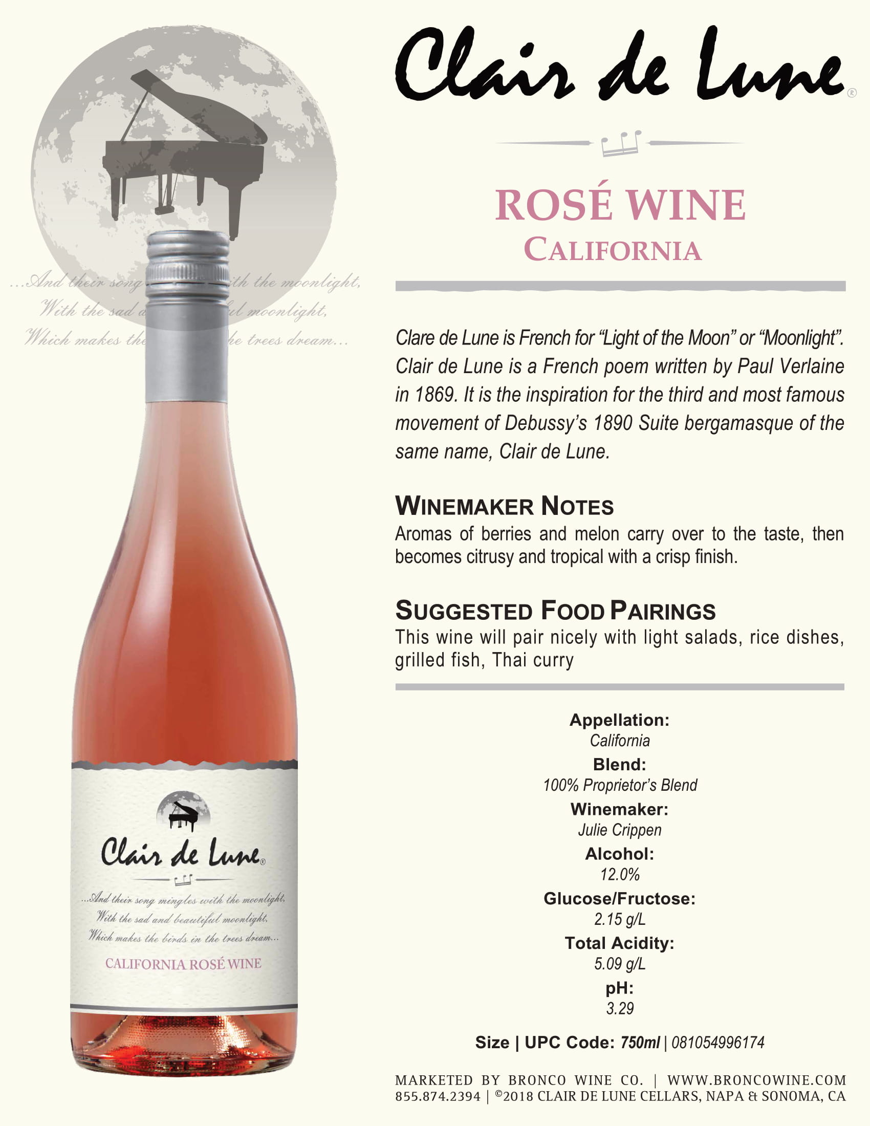 Clair De Lune wine brand Rosé tech sheet sample