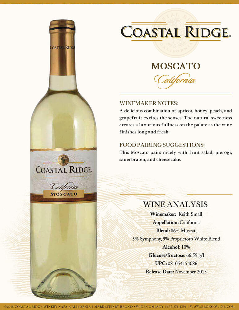 Coastal Ridge Moscato tech sheet sample