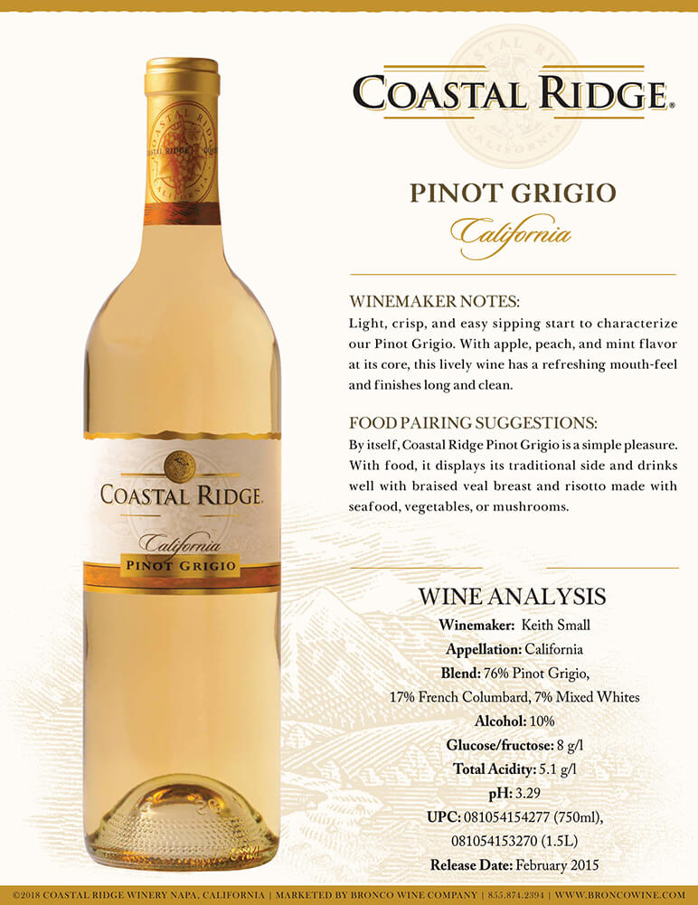 Coastal Ridge Pinot Grigio tech sheet sample